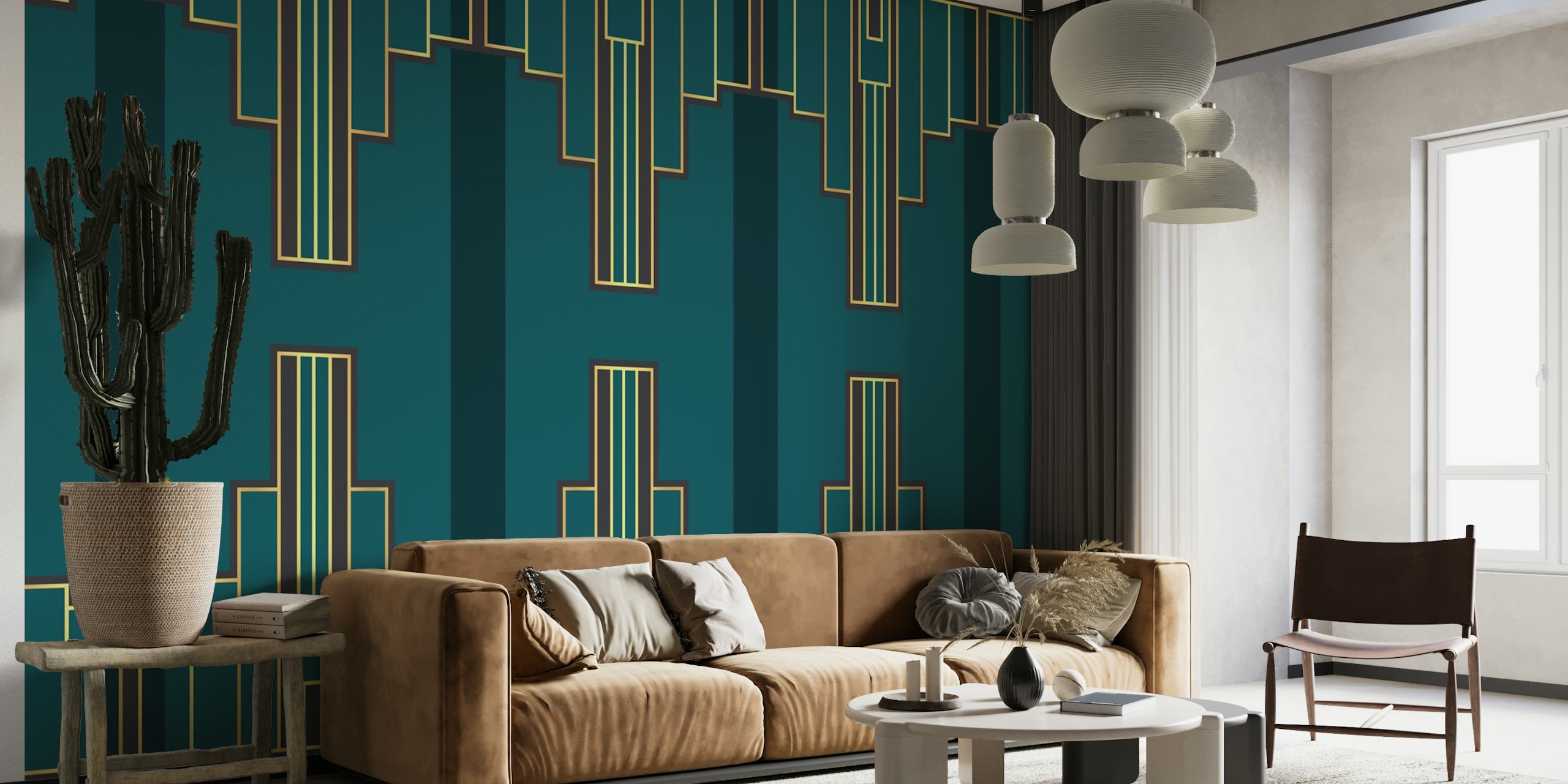 Geometrisches Art Deco Muster in Türkis und Gold Tapete