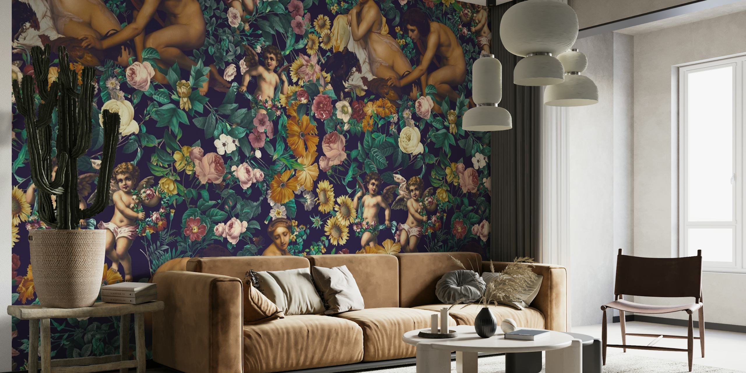 Classical Grecian figures amidst a lush floral pattern wall mural