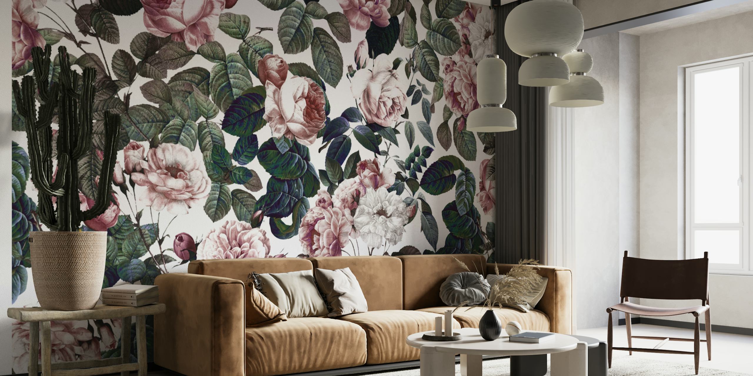 Vintage floral wallpaper with pink roses and green leaves