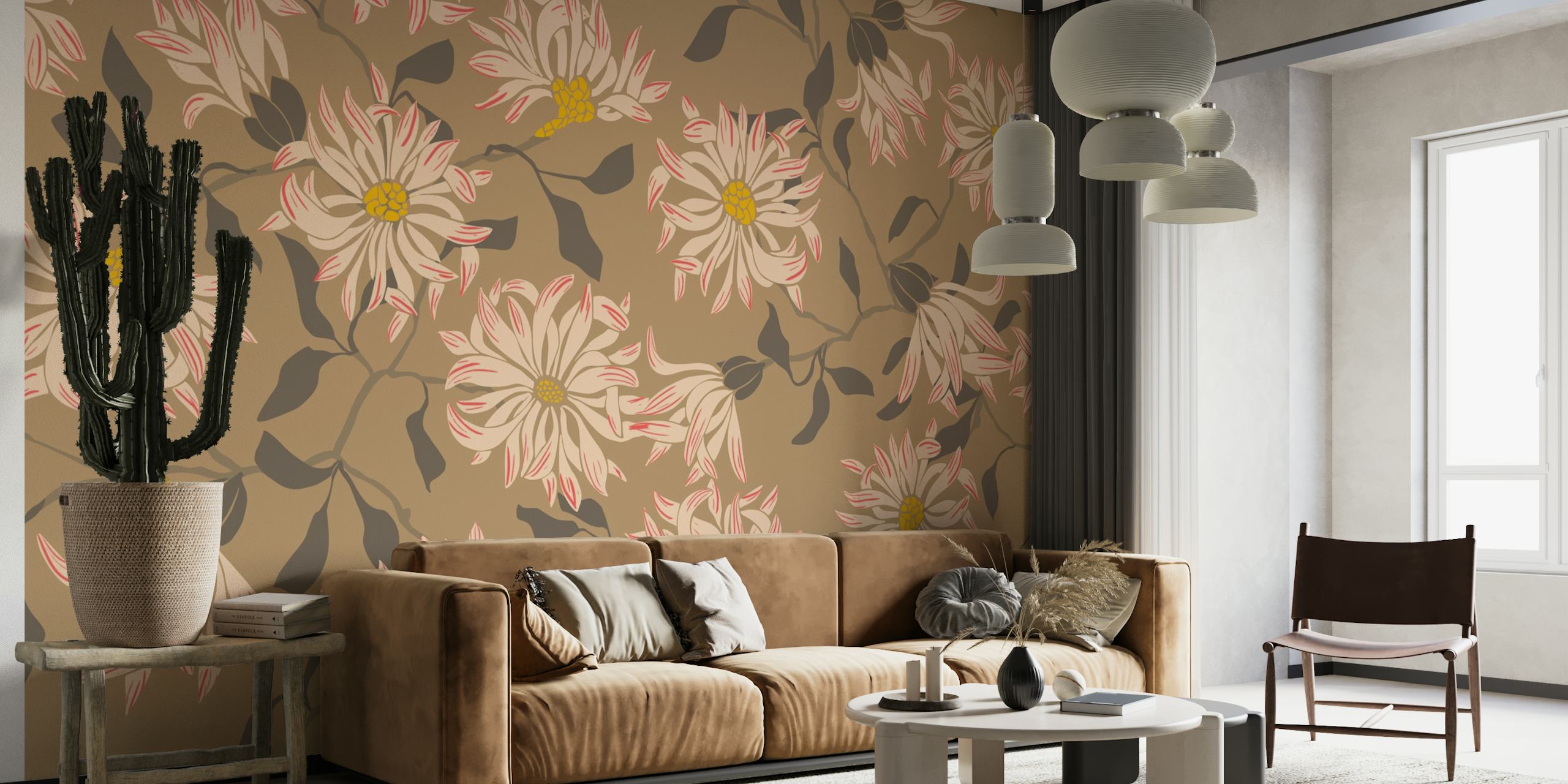 Cottage flowers soft brown mural wallpaper