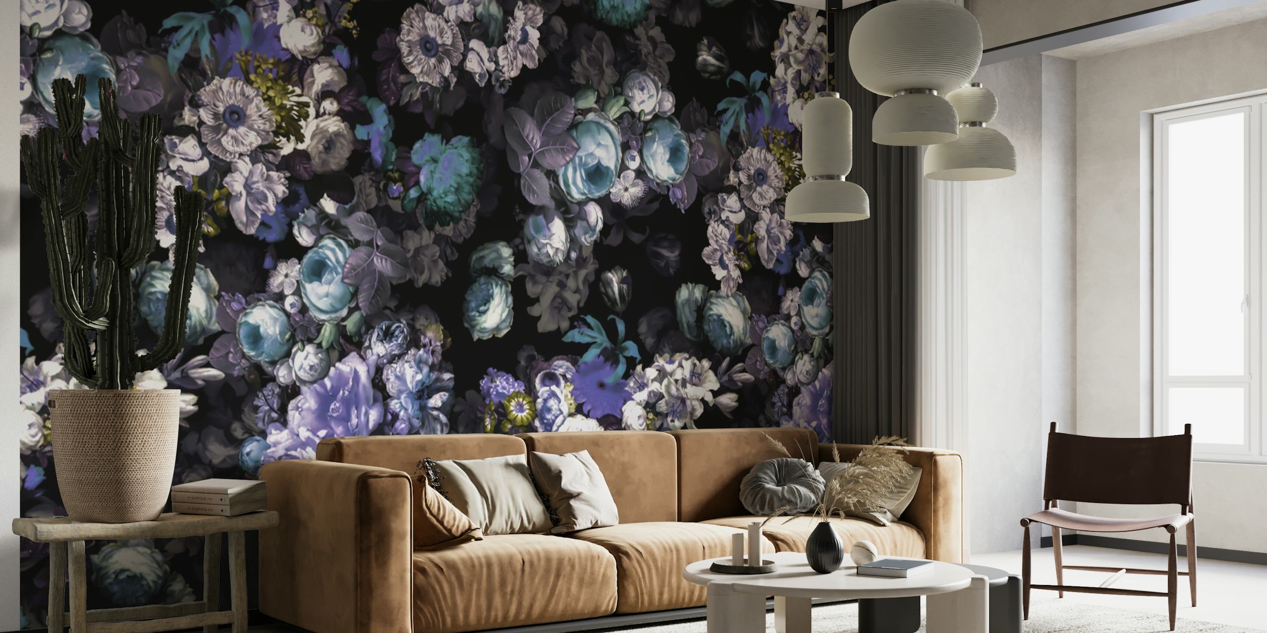 Papier peint floral abstrait avec un fond sombre et des fleurs bleues et violettes vibrantes