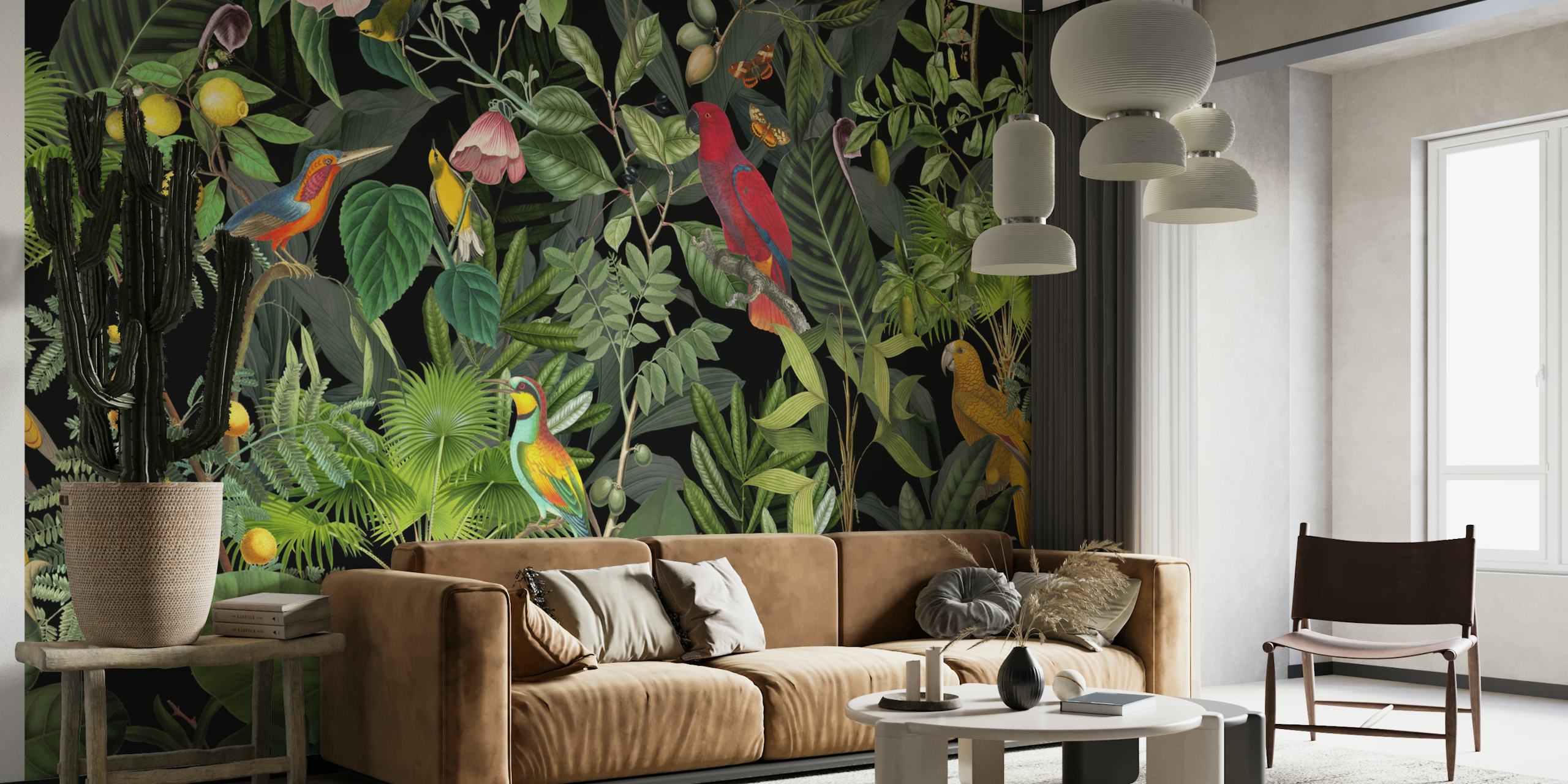 Tropical parrots and green foliage wallpaper