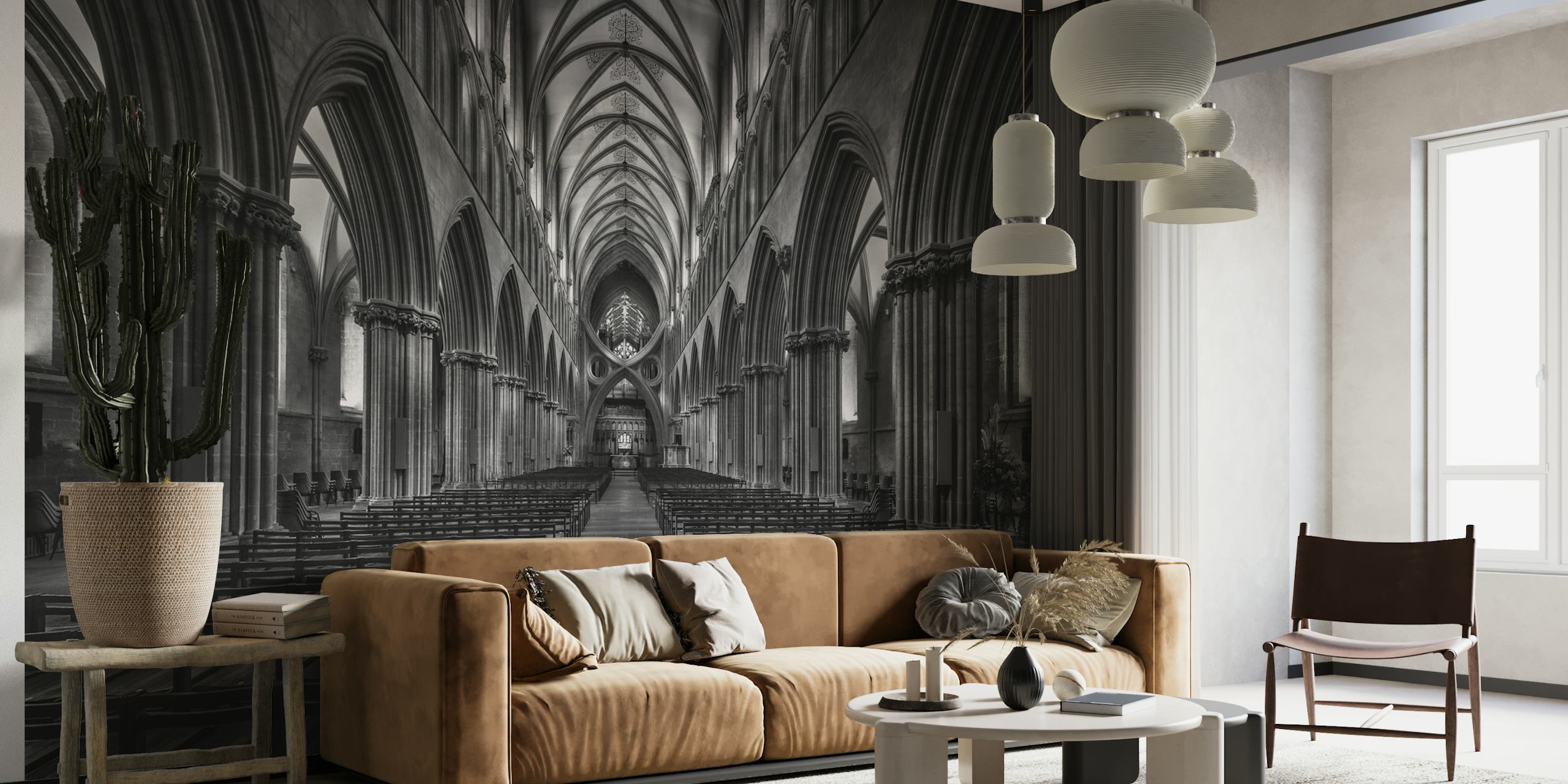 Wells Cathedral interior wall mural in black and white showcasing Gothic architectural details.