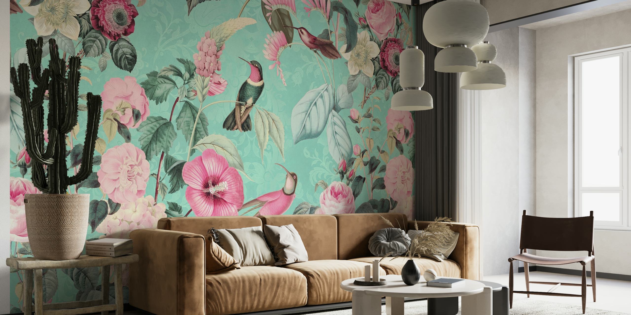 Hummingbirds and flowers on pastel background wall mural