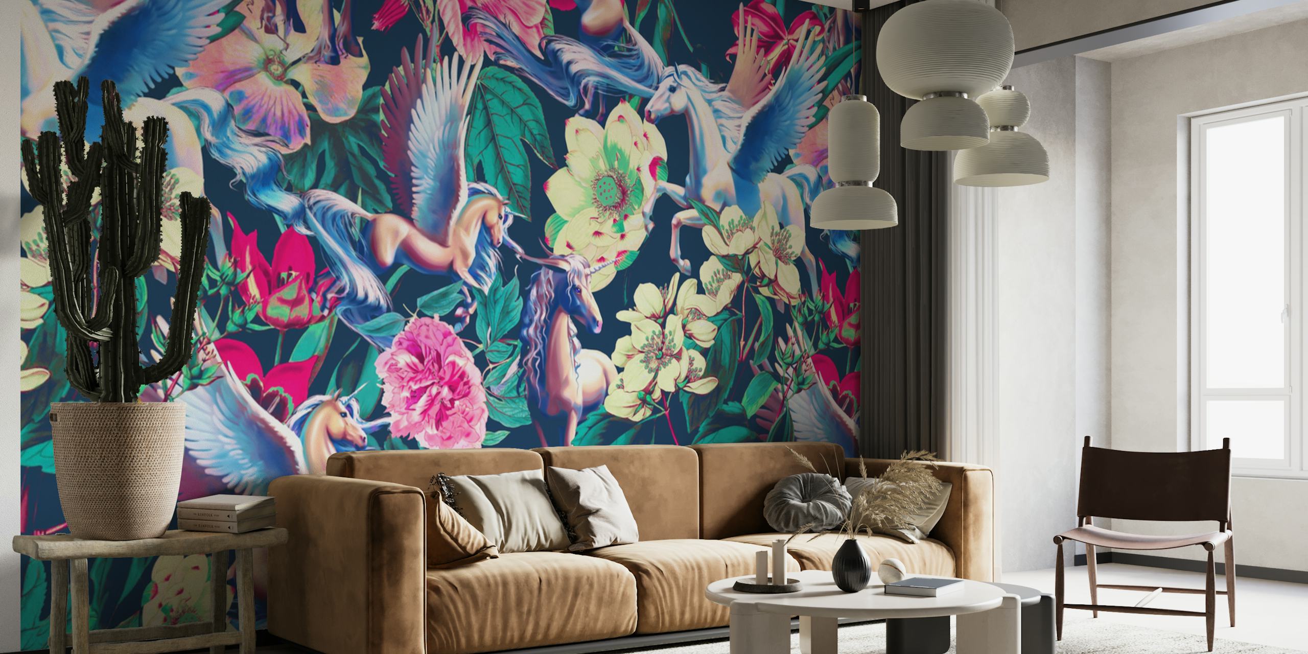 Unicorn wall mural with lush floral pattern in vibrant colors