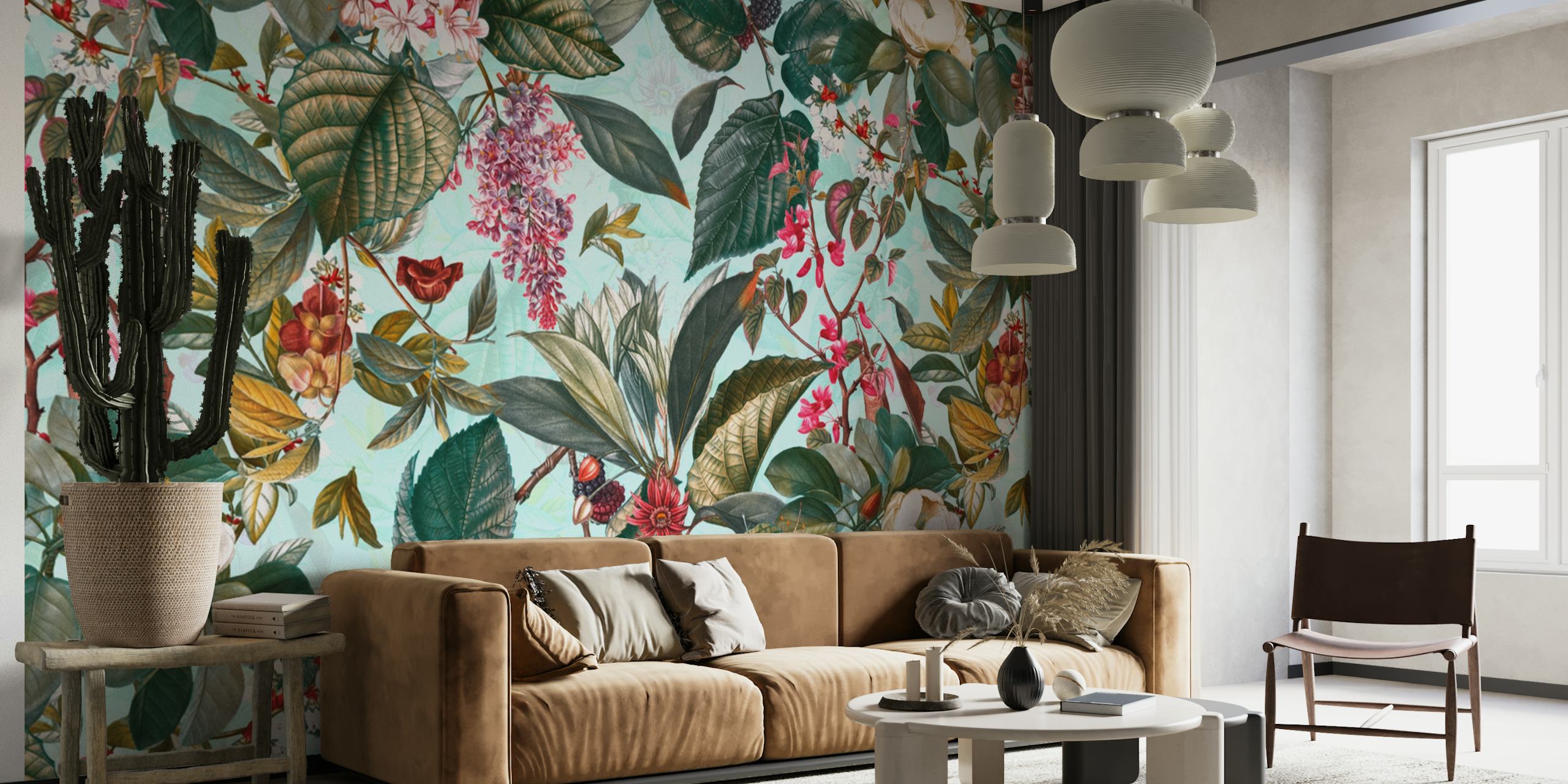 Colorful floral and leaf pattern in green, pink, and blue wallpaper.