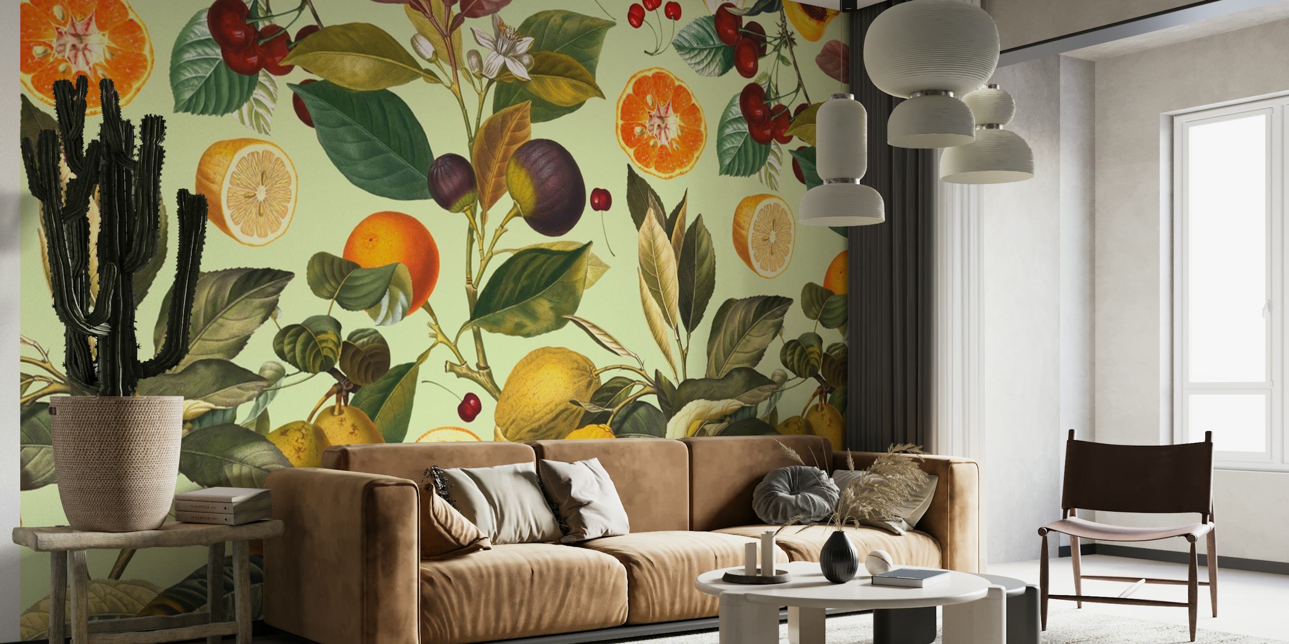 Botanisch fruitpatroon met citroenen, sinaasappels en bladeren in vrolijke kleuren wallpaper