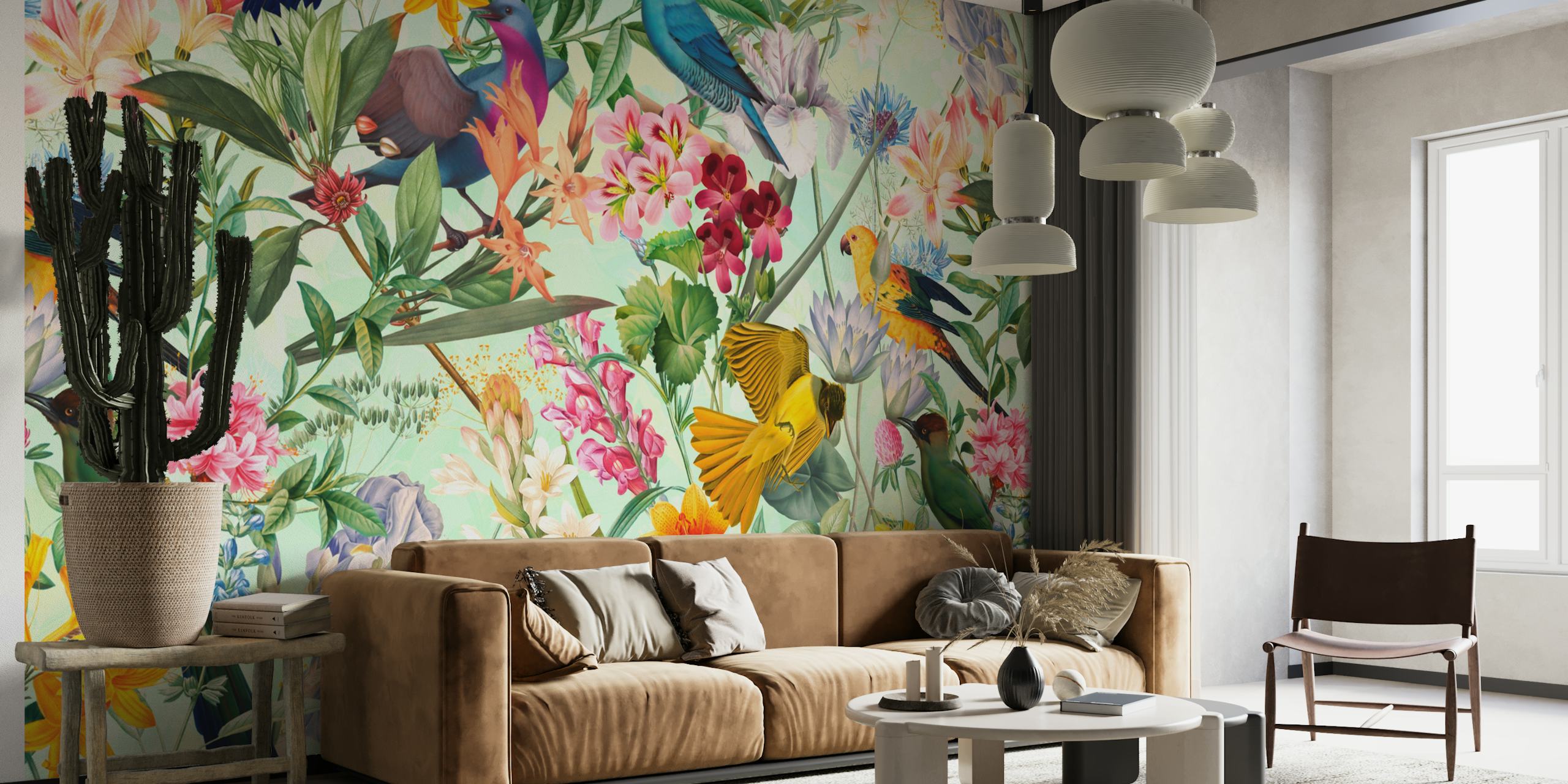 Tropical floral wallpaper with colorful birds and flowers