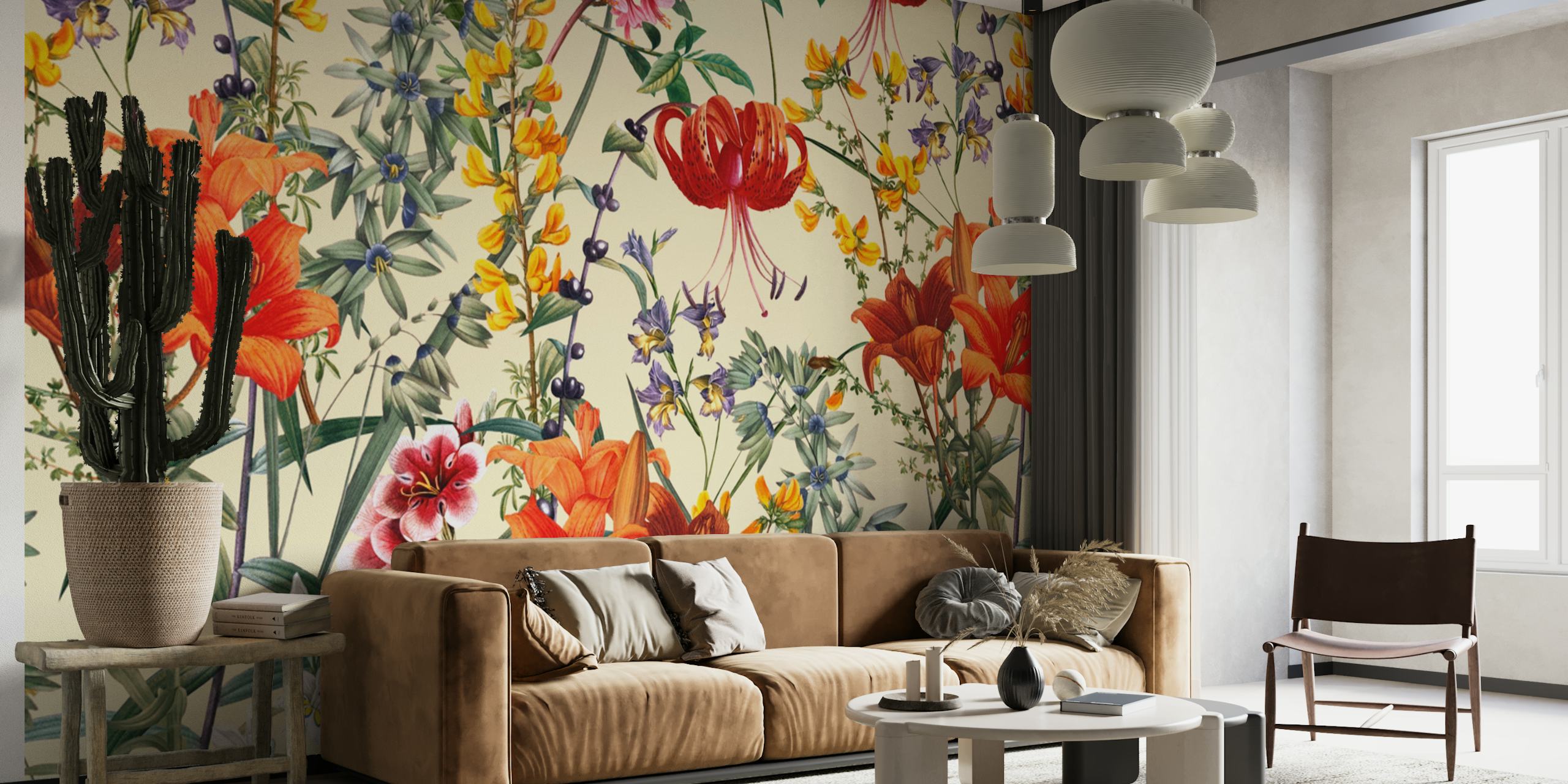 Summer inspired wall mural with red poppies, purple lilacs, and golden blossoms on a cream background