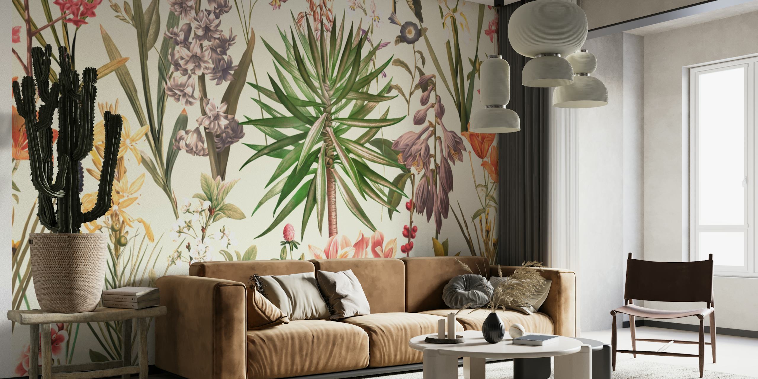 Tropical plants and flowers in various colors wallpaper