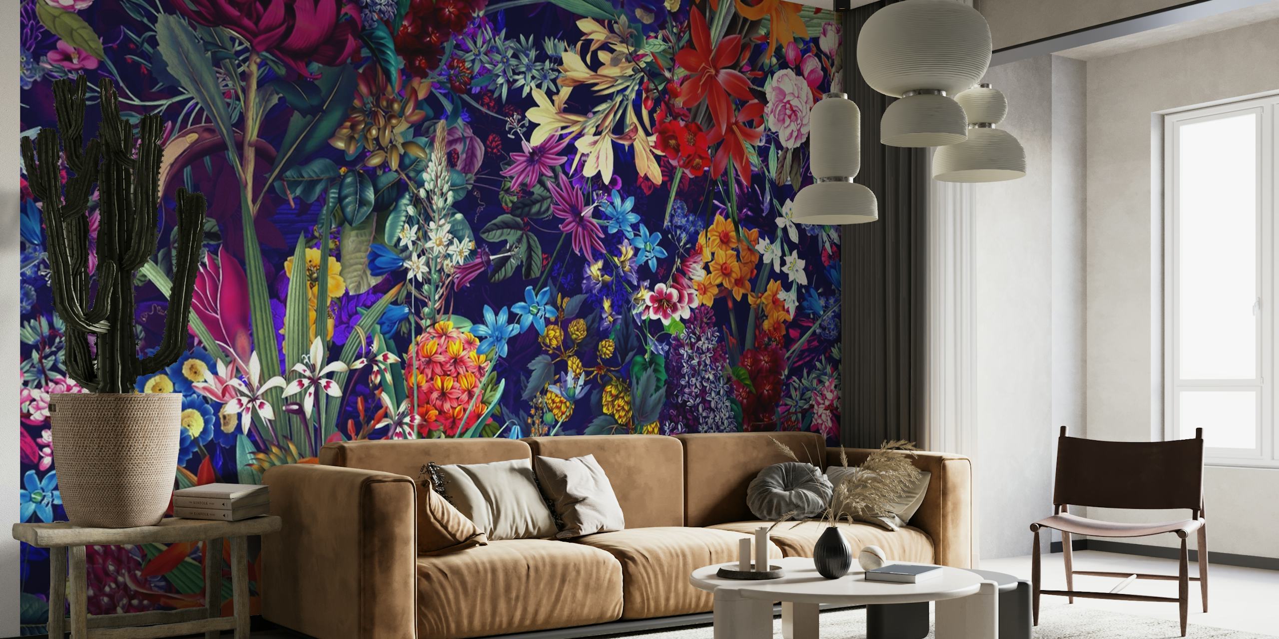 Bright colorful floral patterns on dark background wallpaper