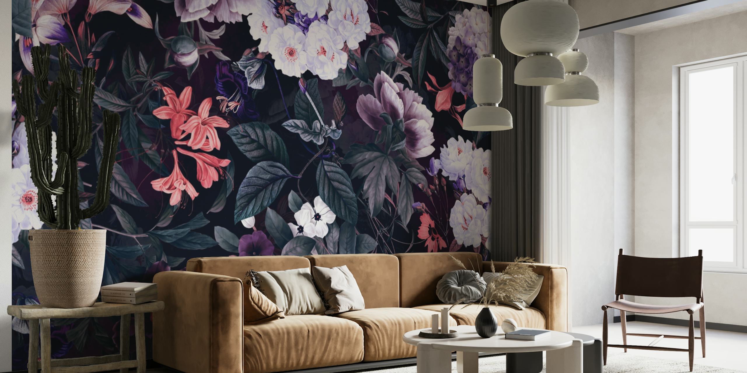 Colorful floral patterns with vibrant blooms on dark background wallpaper
