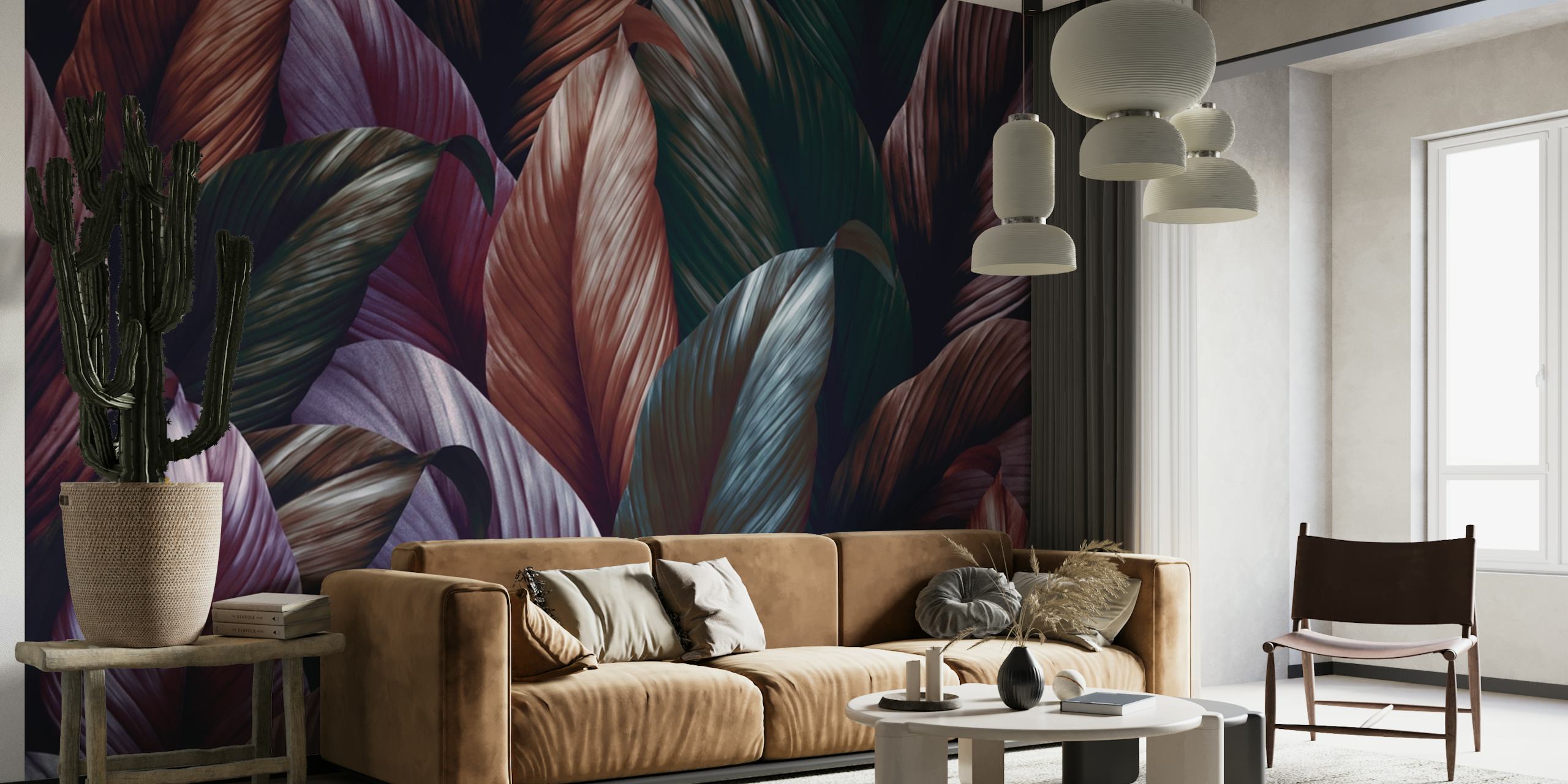Dark leafy wallpaper with rich hues of green, purple, and brown in botanical design