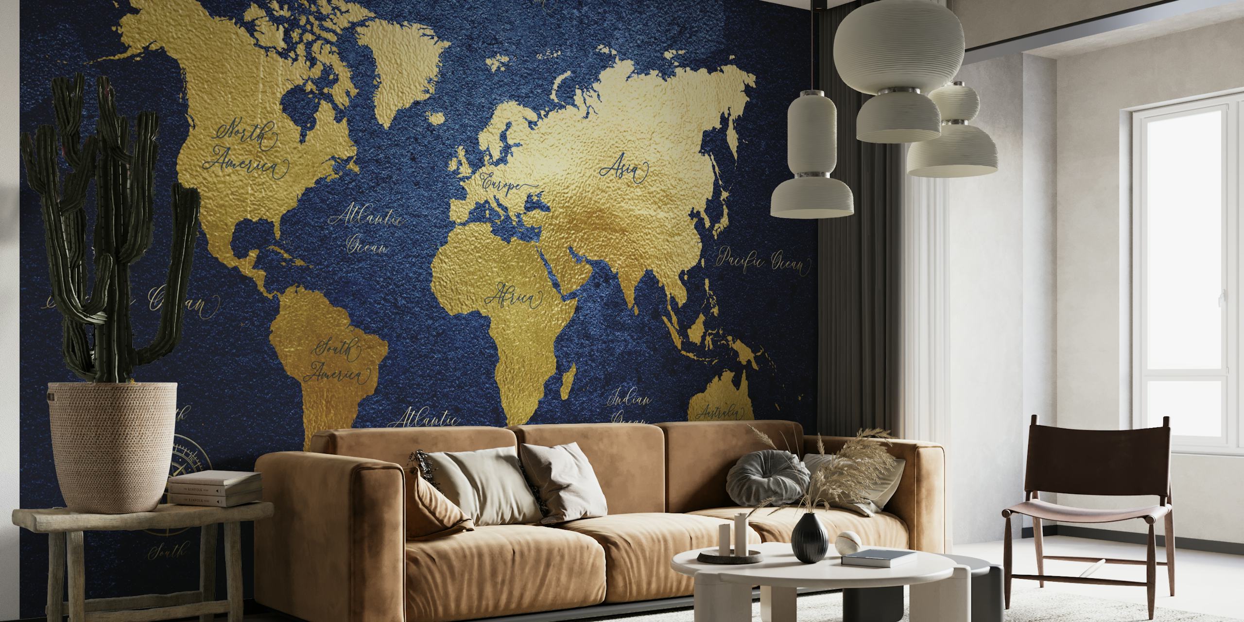 Gold world map design on navy blue background wallpaper