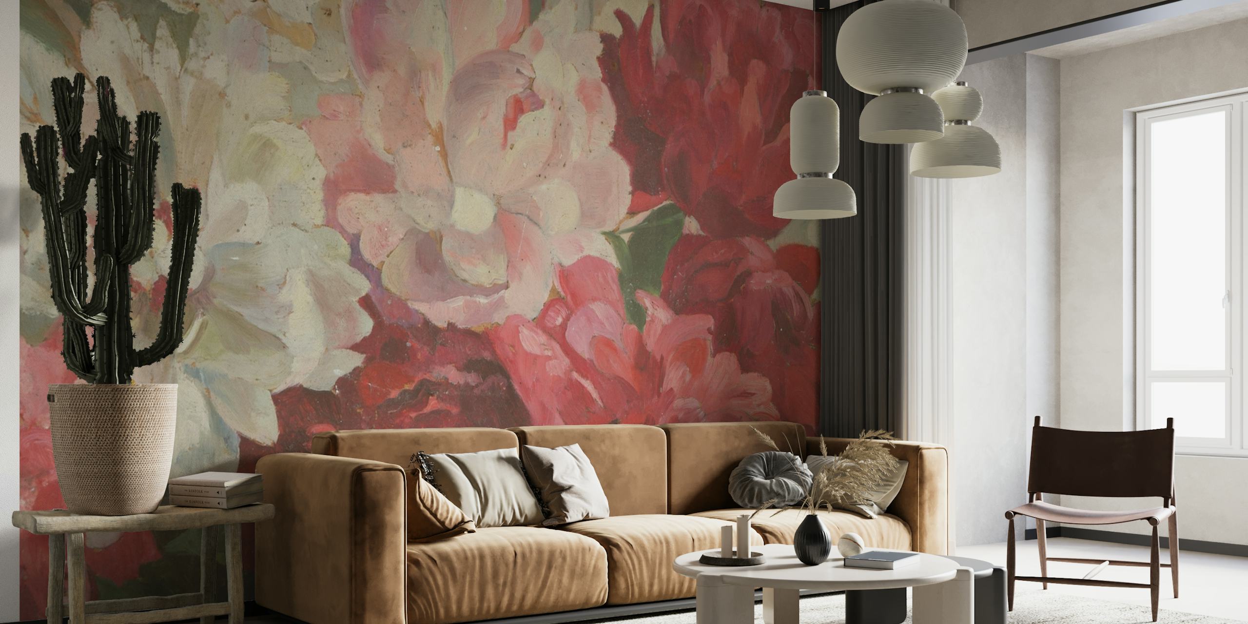 Papier peint mural floral vintage élégant avec des pivoines dans les tons rose et rouge