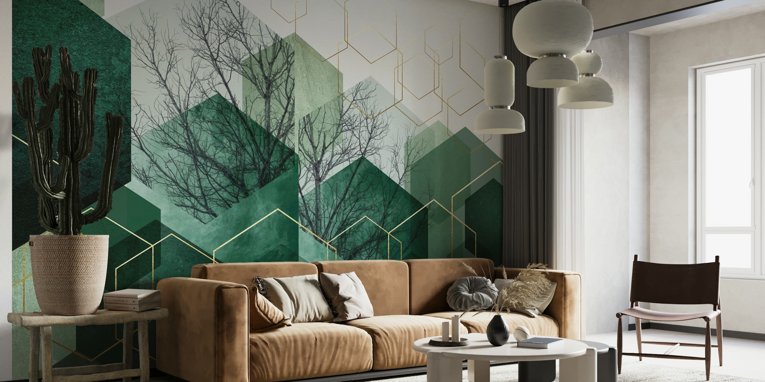 Geometric hexagonal pattern with emerald green tones and tree branches wallpaper.