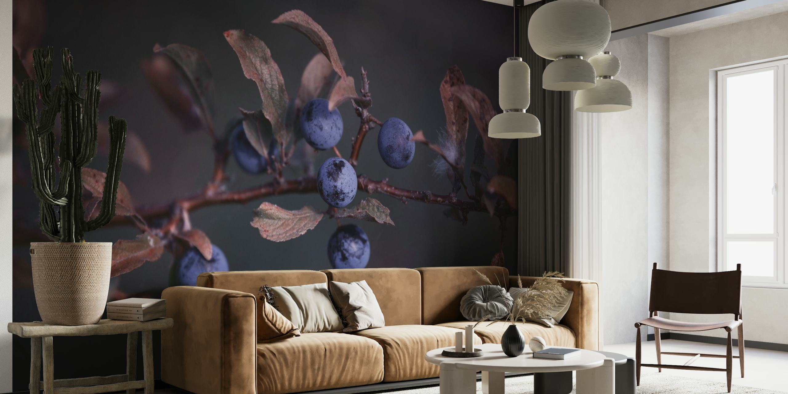 Spokojni tamnoplavi zidni mural s jesenskim bobicama na granama, dodajući miran i prirodan dodir uređenju doma.