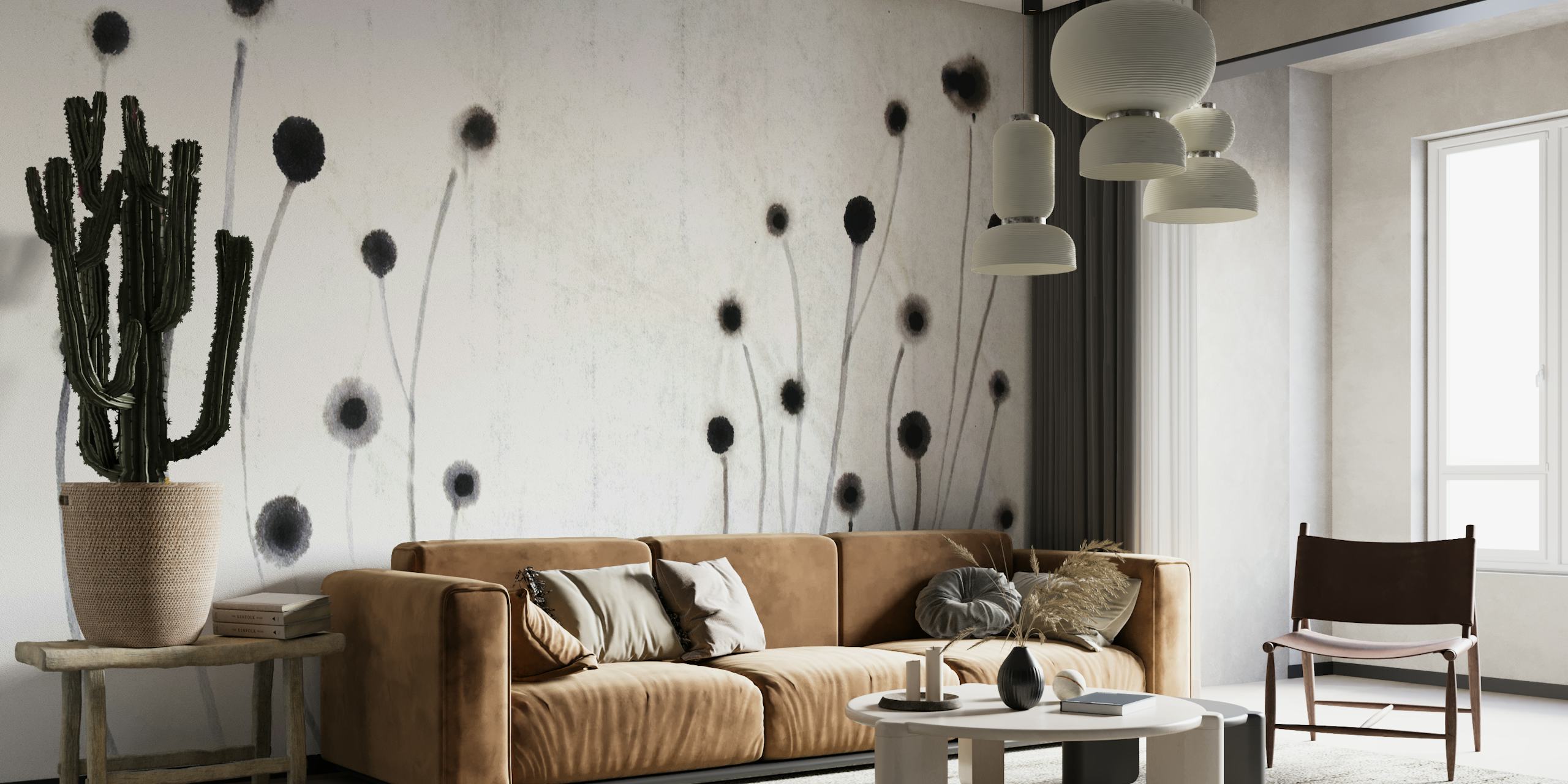 Minimalist sprout design wall mural with delicate lines and neutral tones