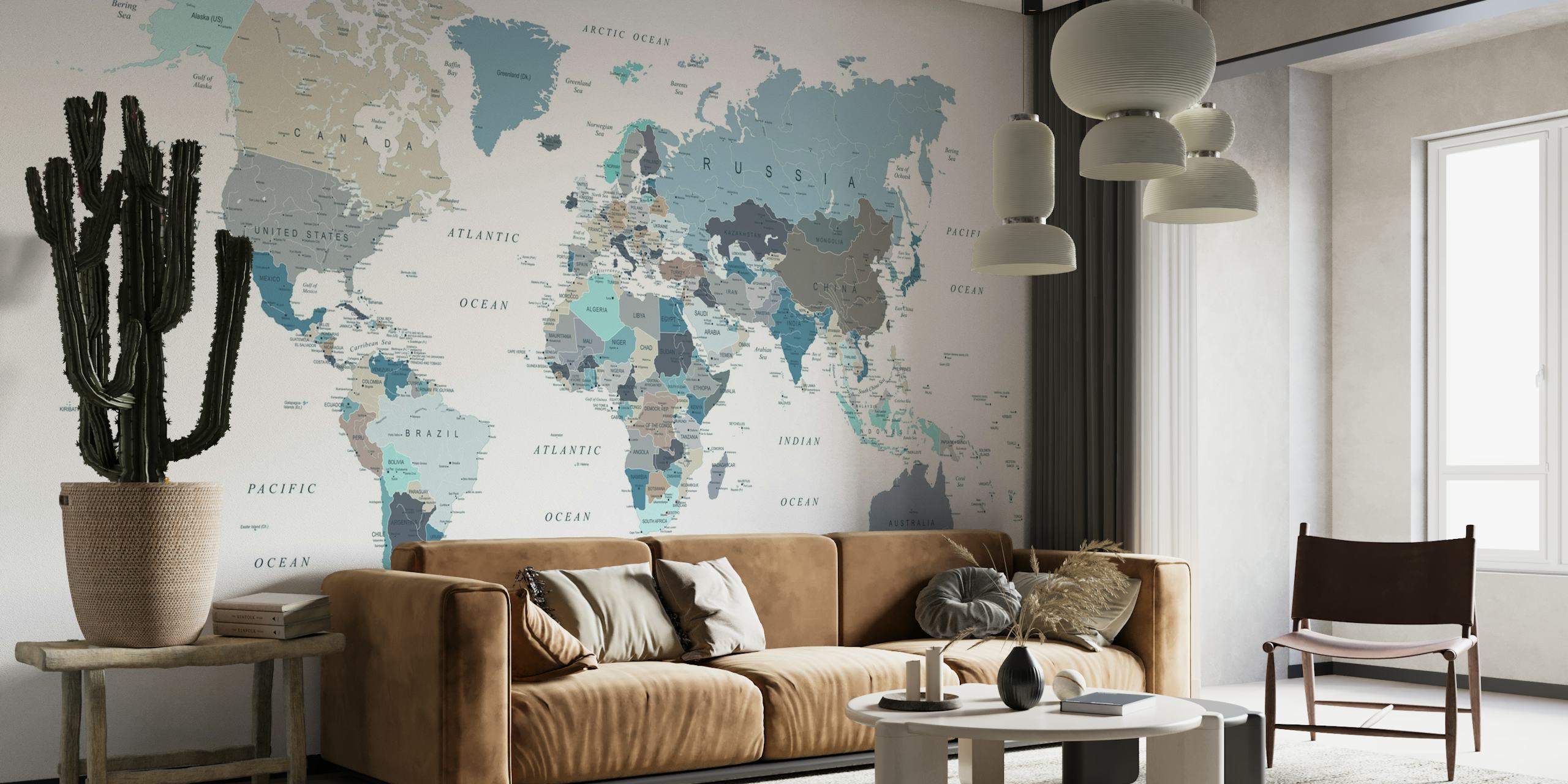 Neutral-toned world map wall mural for interior decor