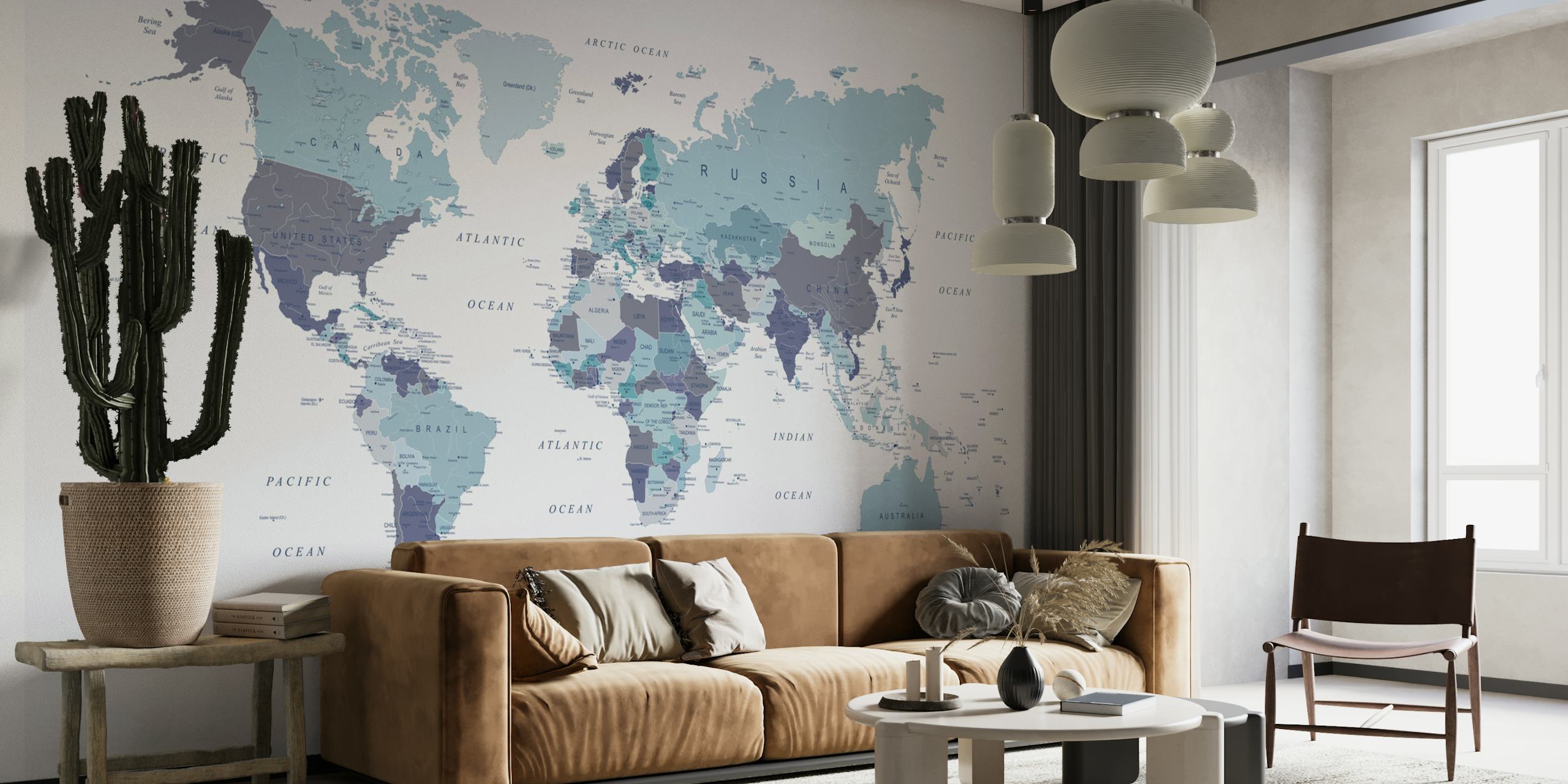 World Map in Blue wallpaper in a room