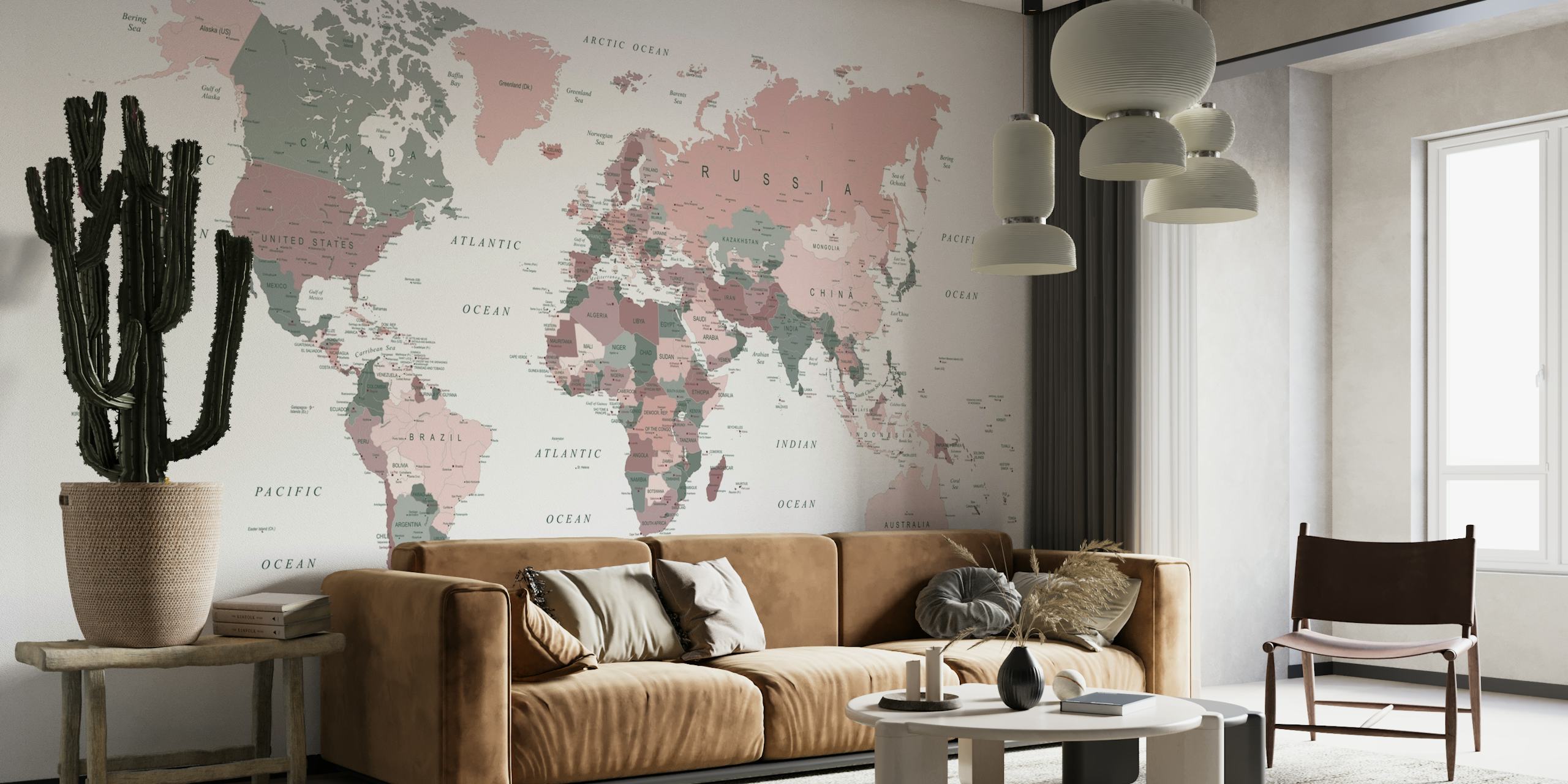 Detailed World Map Wall Mural in Unique Pink and Green Palette
