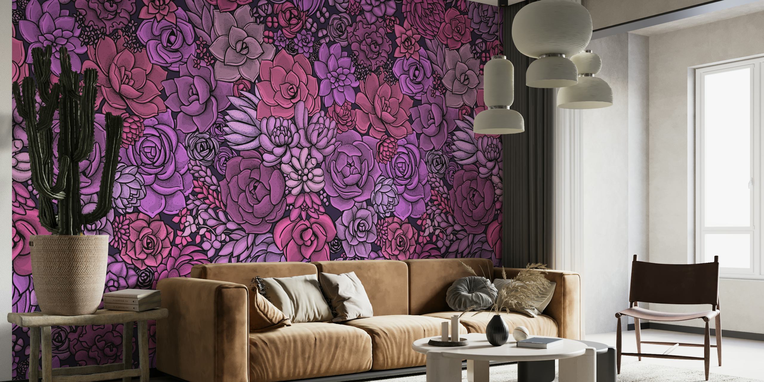 Succulent garden  in pink and magenta wallpaper