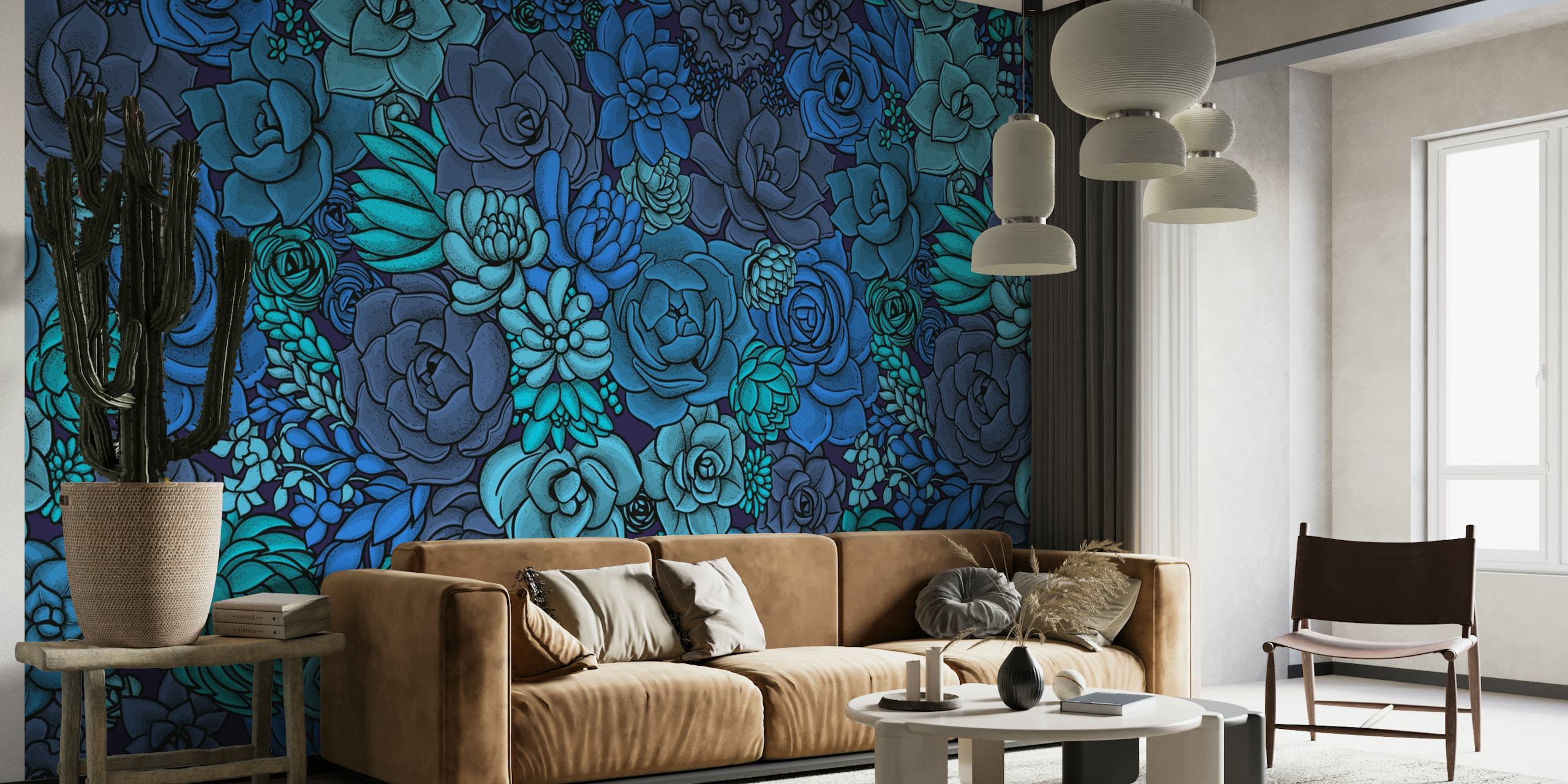 Succulent garden in blue wallpaper