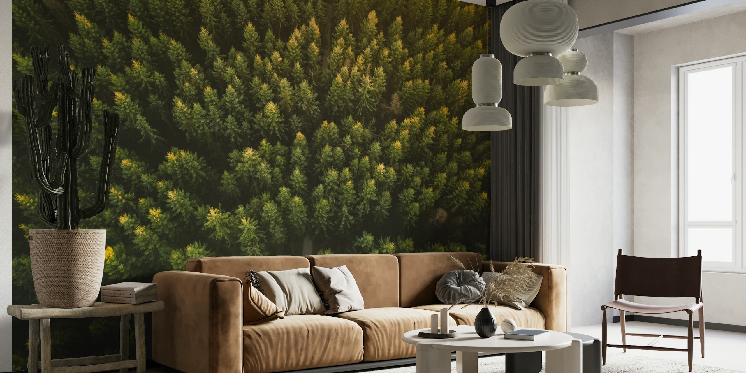 Ylänäkymä vehreästä metsäkatoksen seinämaalauksesta