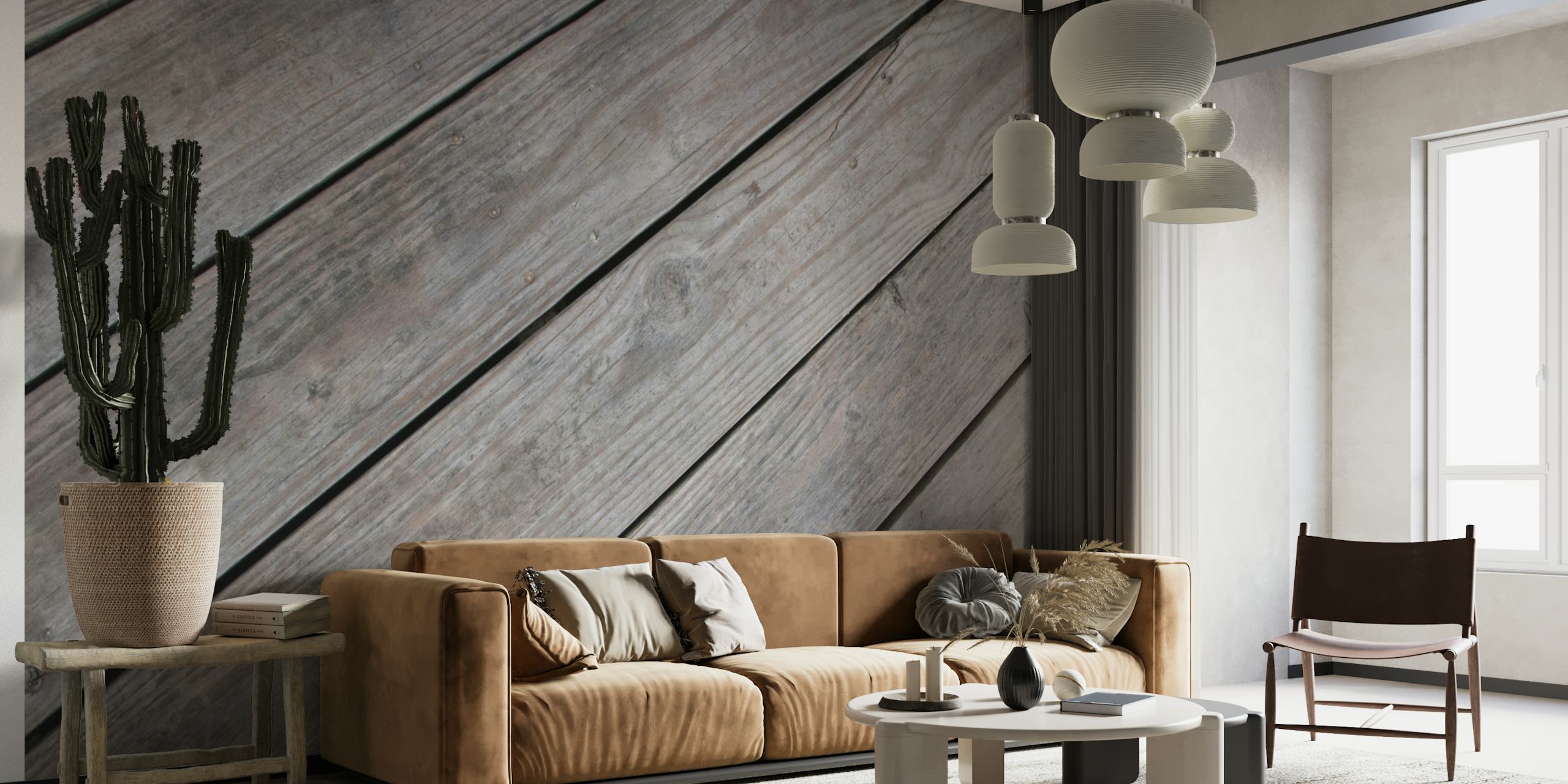 Rustic wood stripes wallpaper in a living room