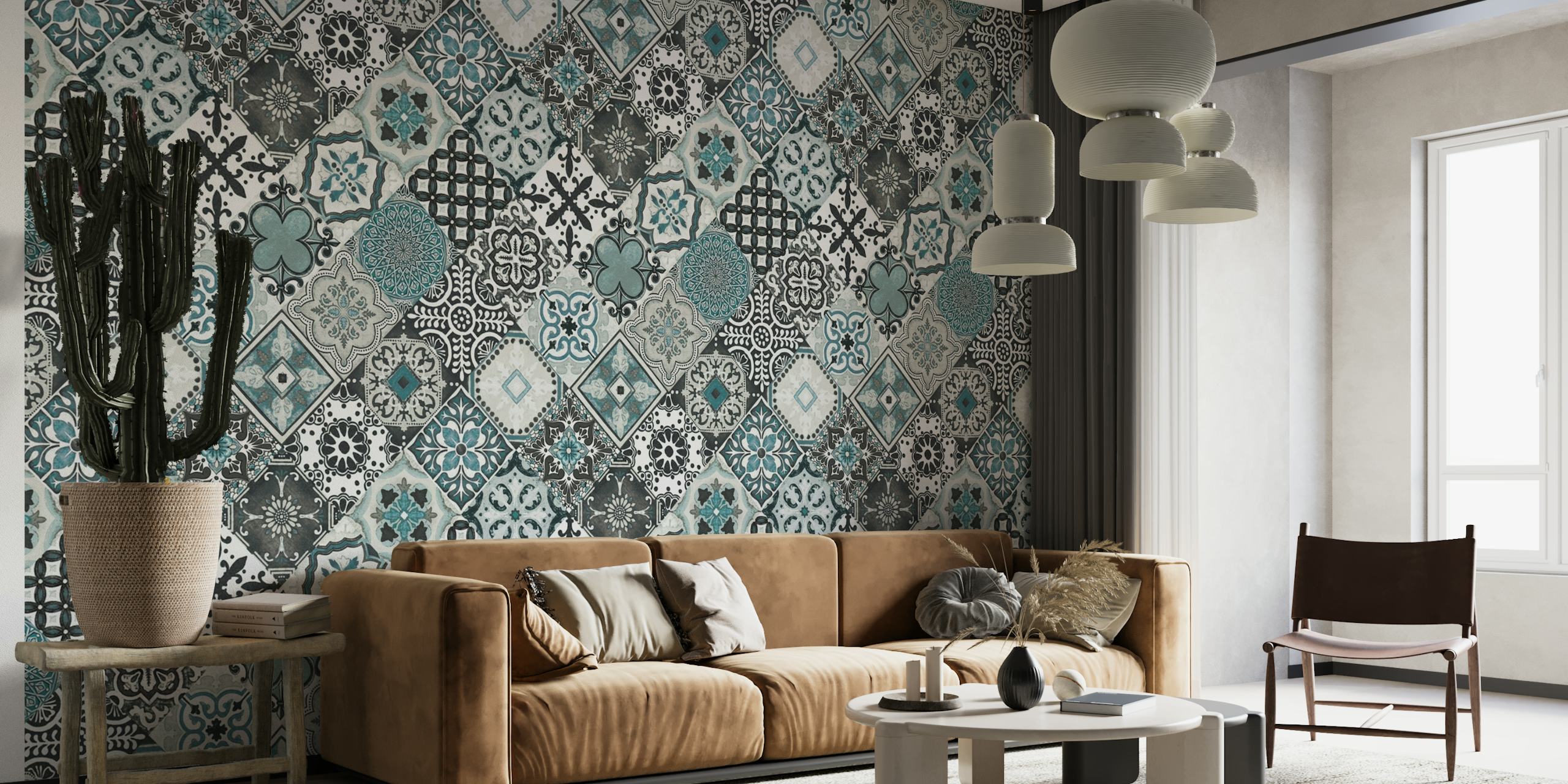 Talavera Tiles Grey Mint Teal wallpaper