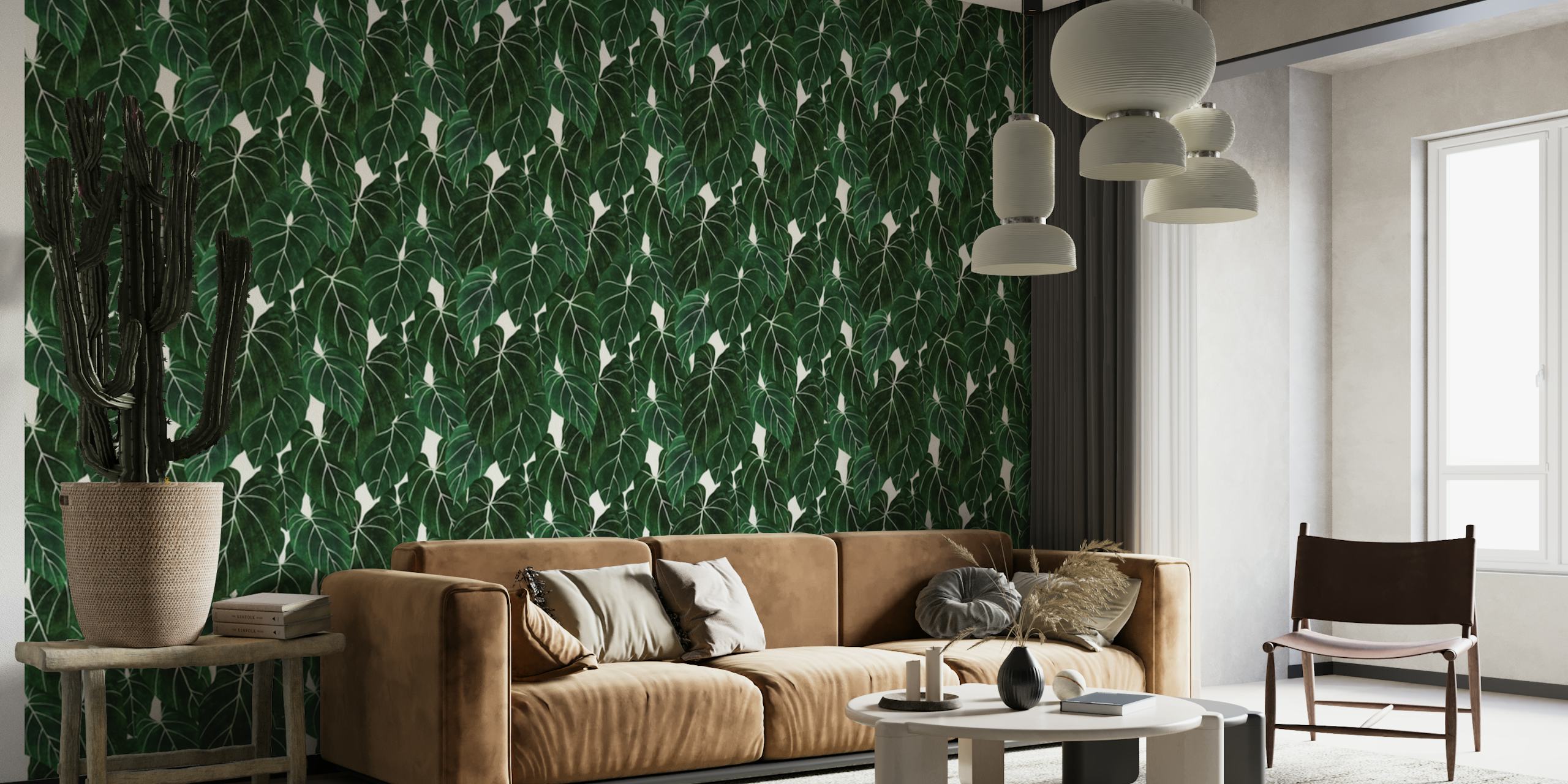 Philodendron leaves wall mural with dense green foliage pattern