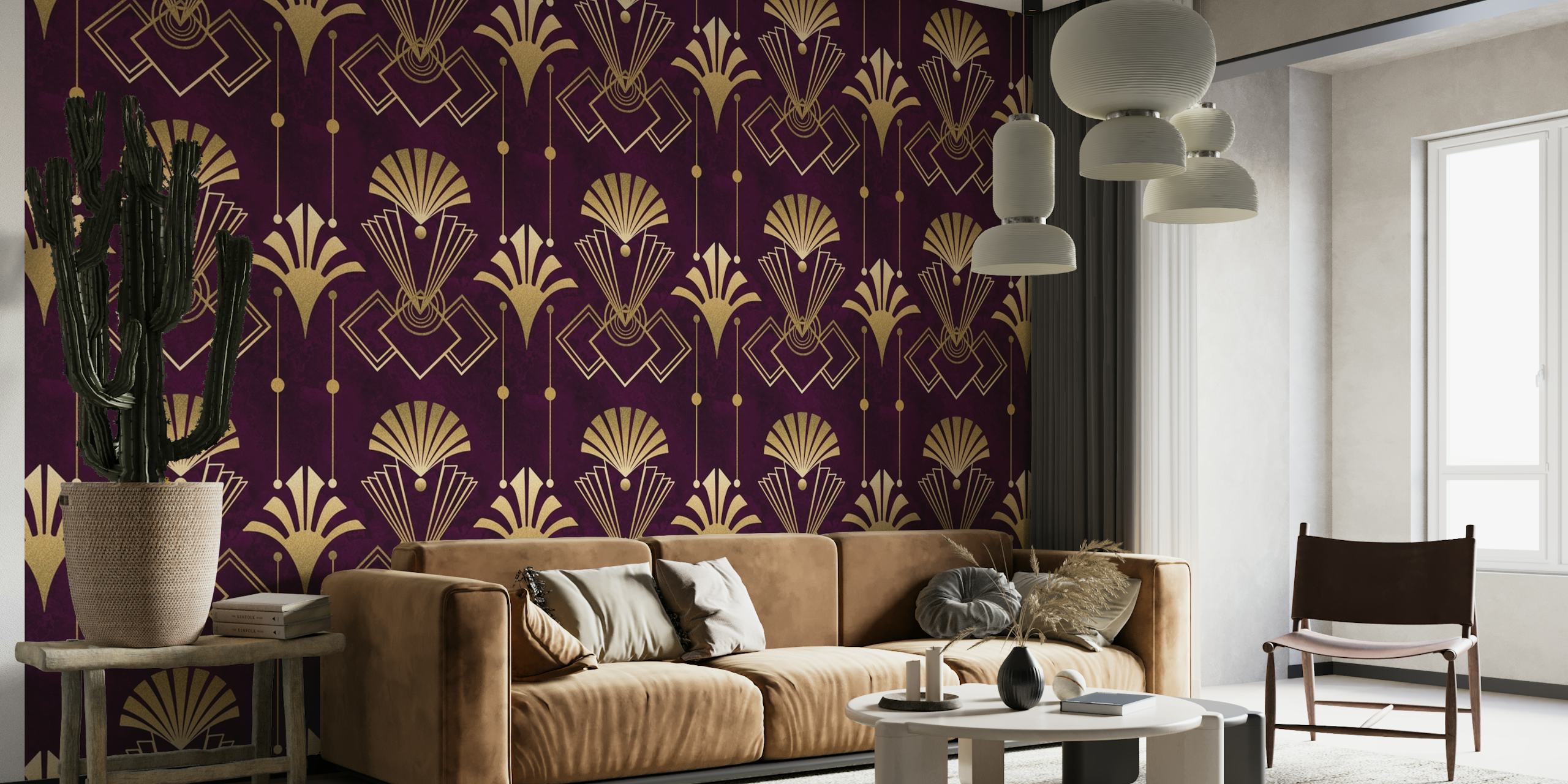 Exquisite Burgundy and Gold Art Deco Wallpaper
