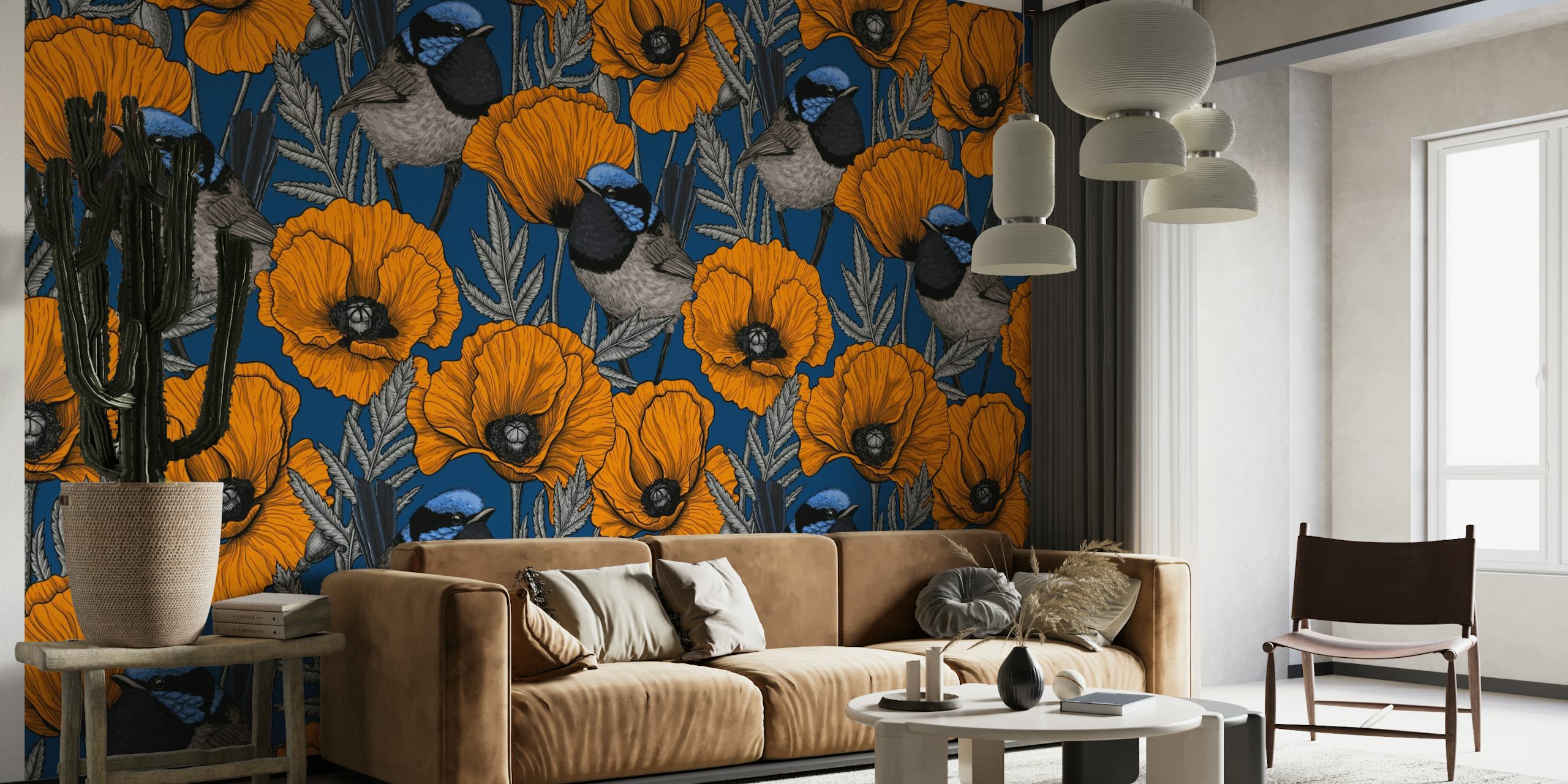 Fairy wrens and poppy flowers on dark blue wallpaper