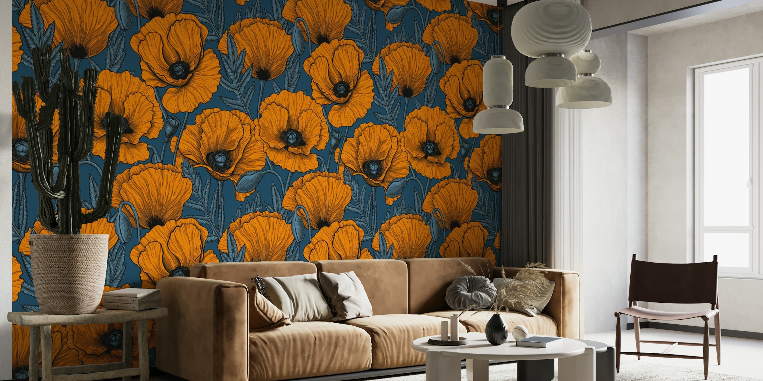 Warm orange poppies on a contrasting background wall mural