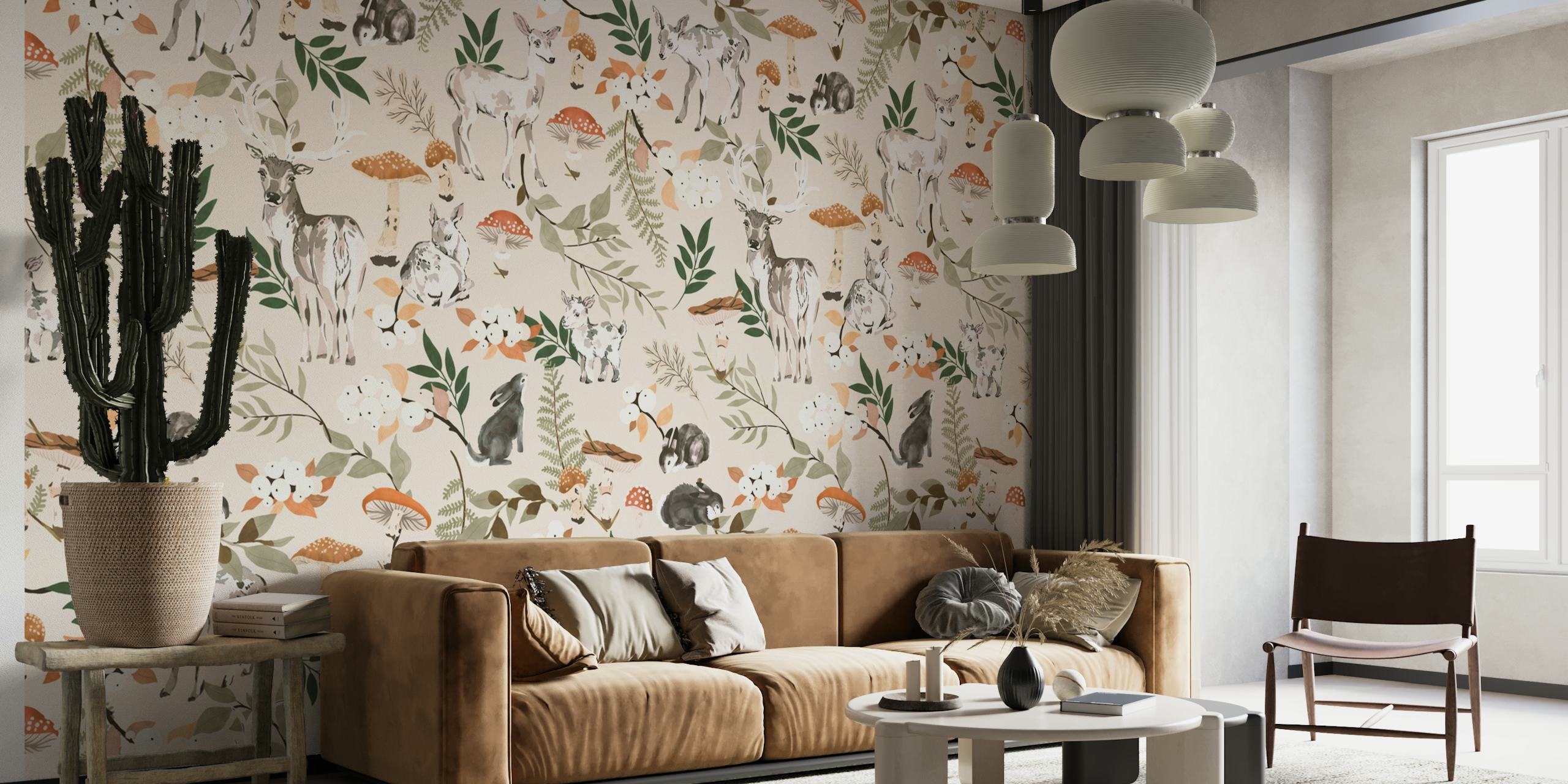 Illustration of forest animals and autumn flora on a wall mural