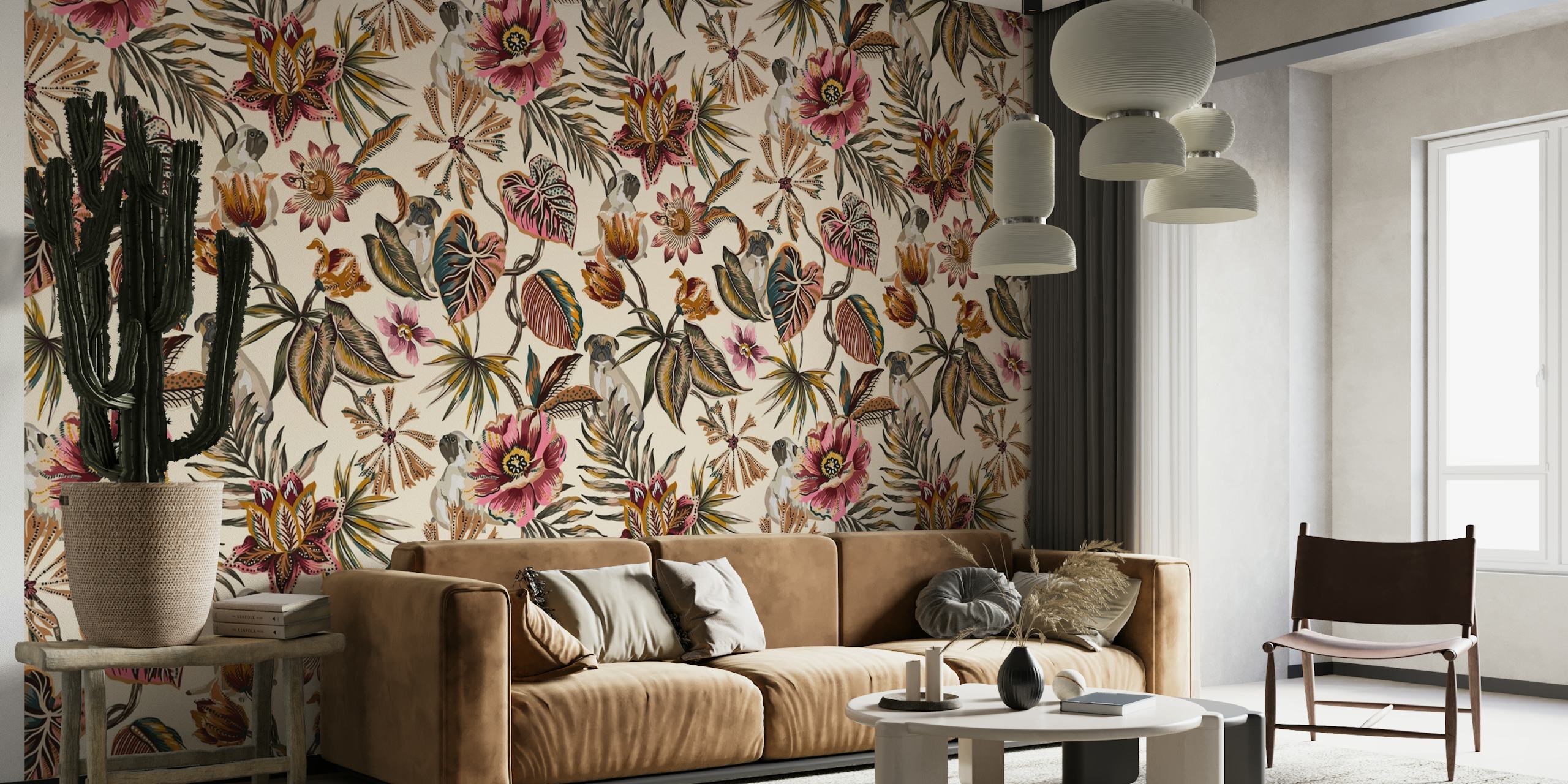 Zidna slika u boemskom stilu s mopsima i cvjetnim uzorcima