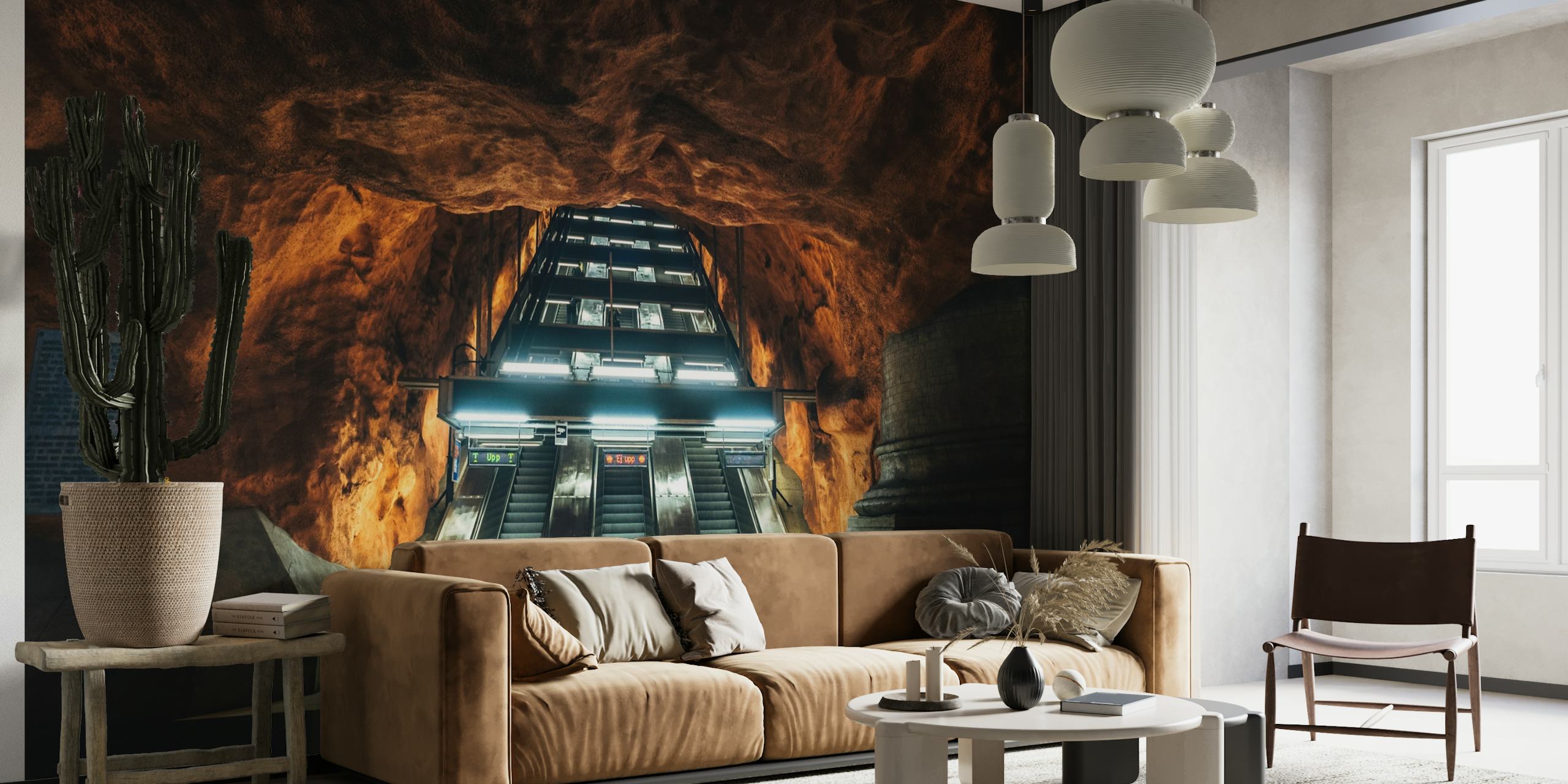 STHLM Underground wall mural showing a Stockholm metro station with atmospheric lighting and exposed rock.