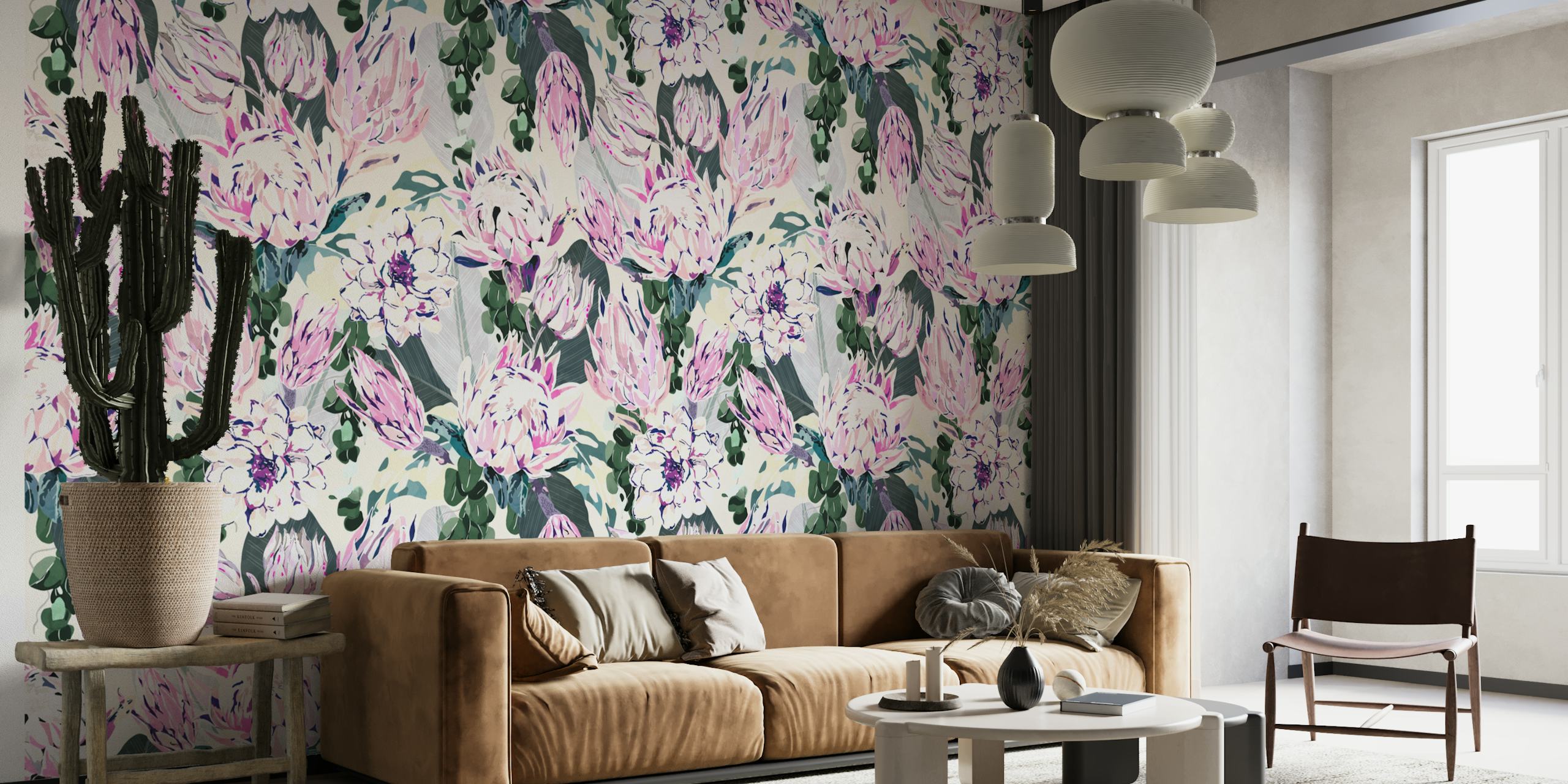 Pink protea bouquets and white flowers with green leaves wallpaper