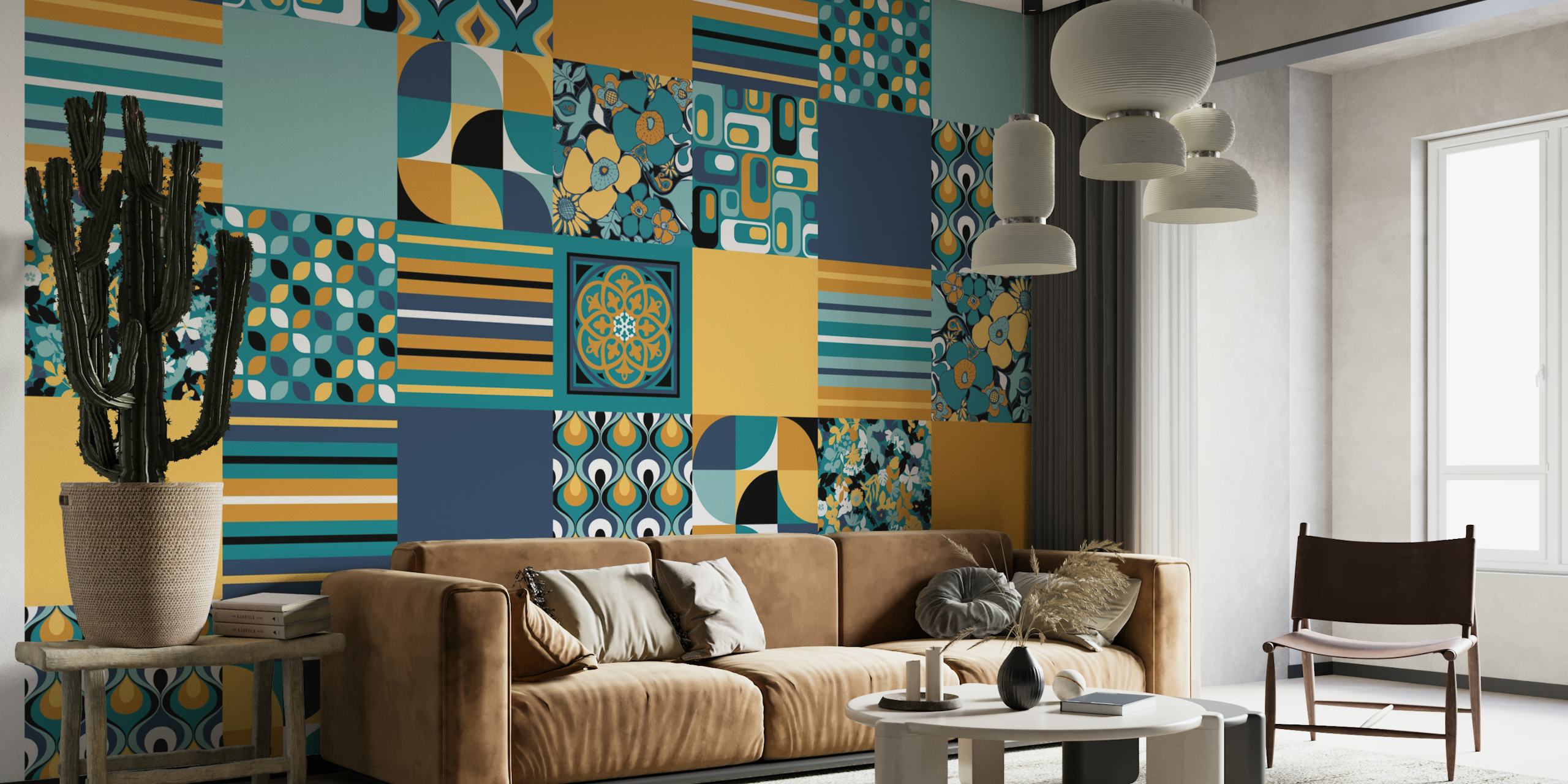 Colorful retro patchwork wallpaper in blue, teal, yellow, and floral designs