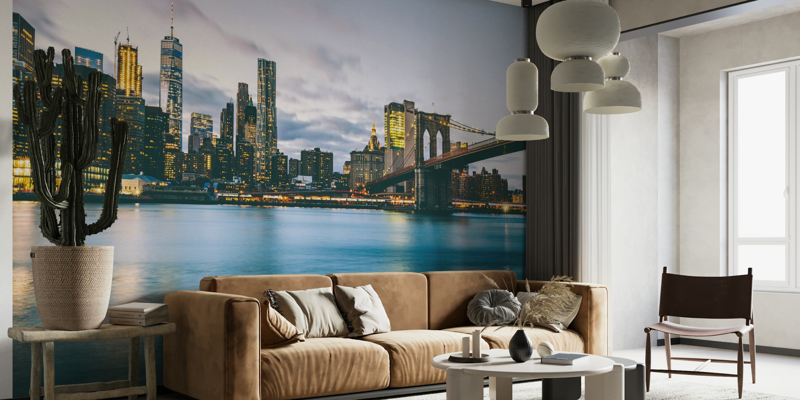 Cityscape wall mural with reflective water