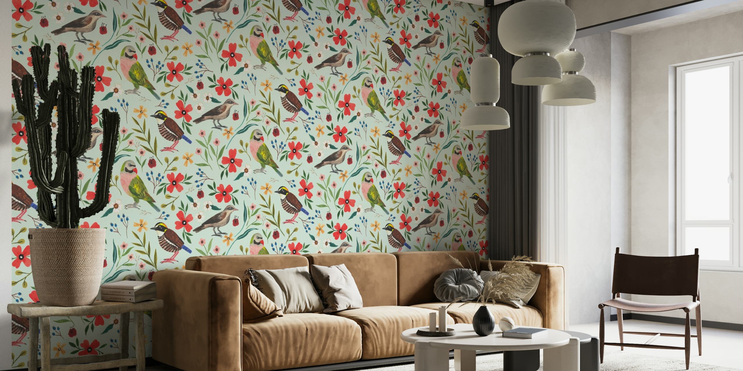 Birds with Floral wallpaper