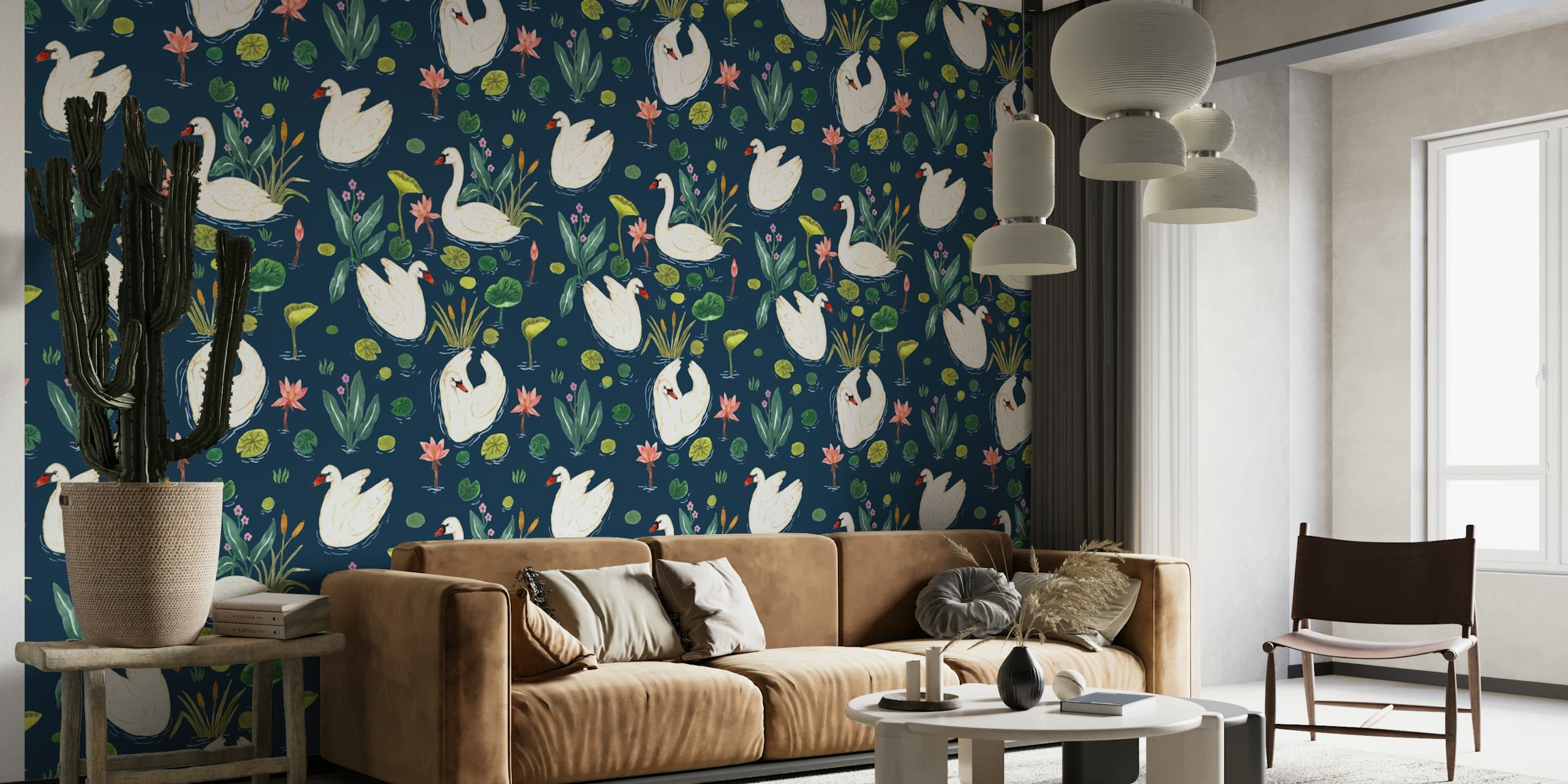 Elegant swans on a starlit lake with lily pads and florals wall mural