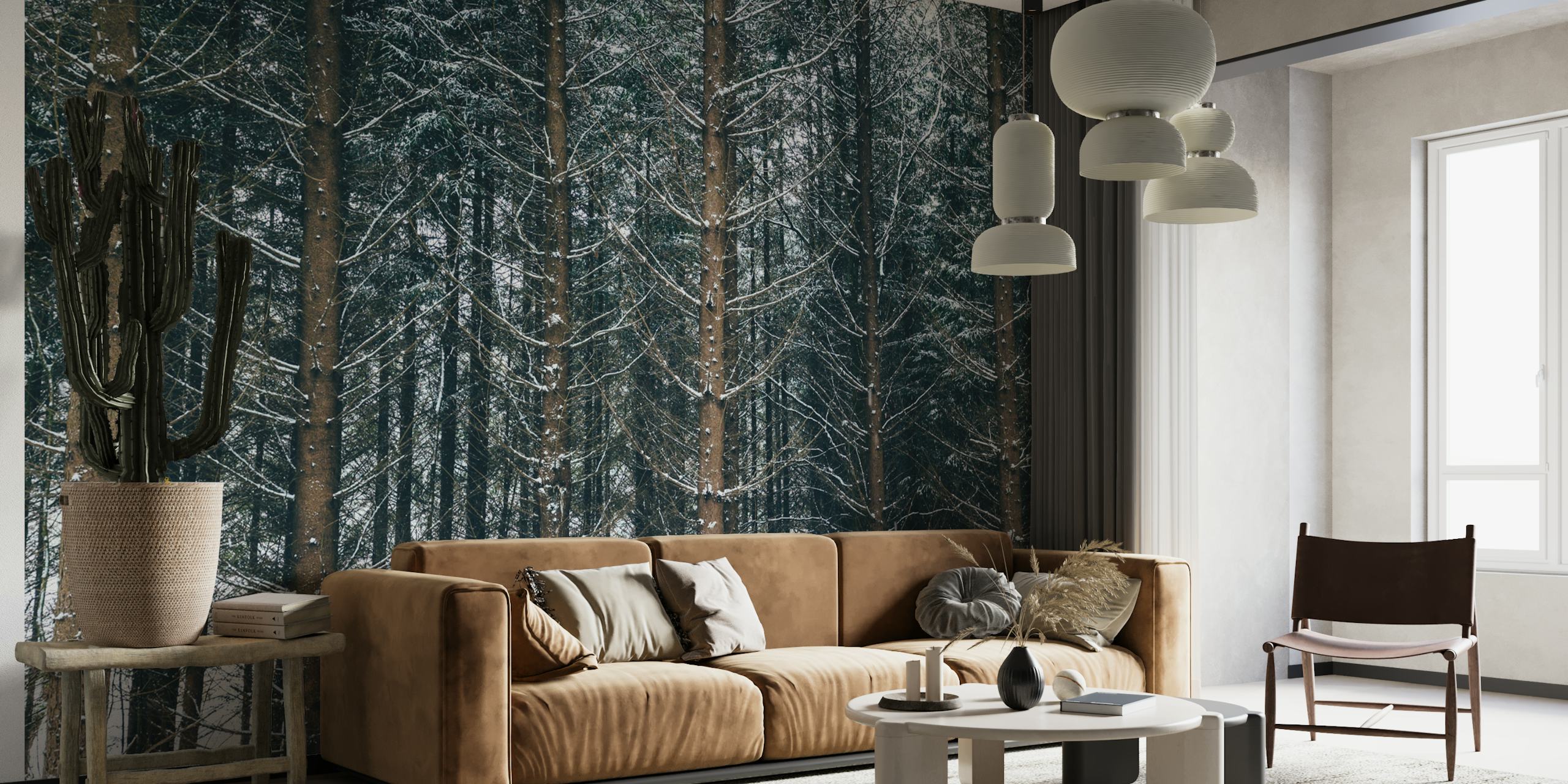 Snowy forest scene with tall trees and white snow wallpaper