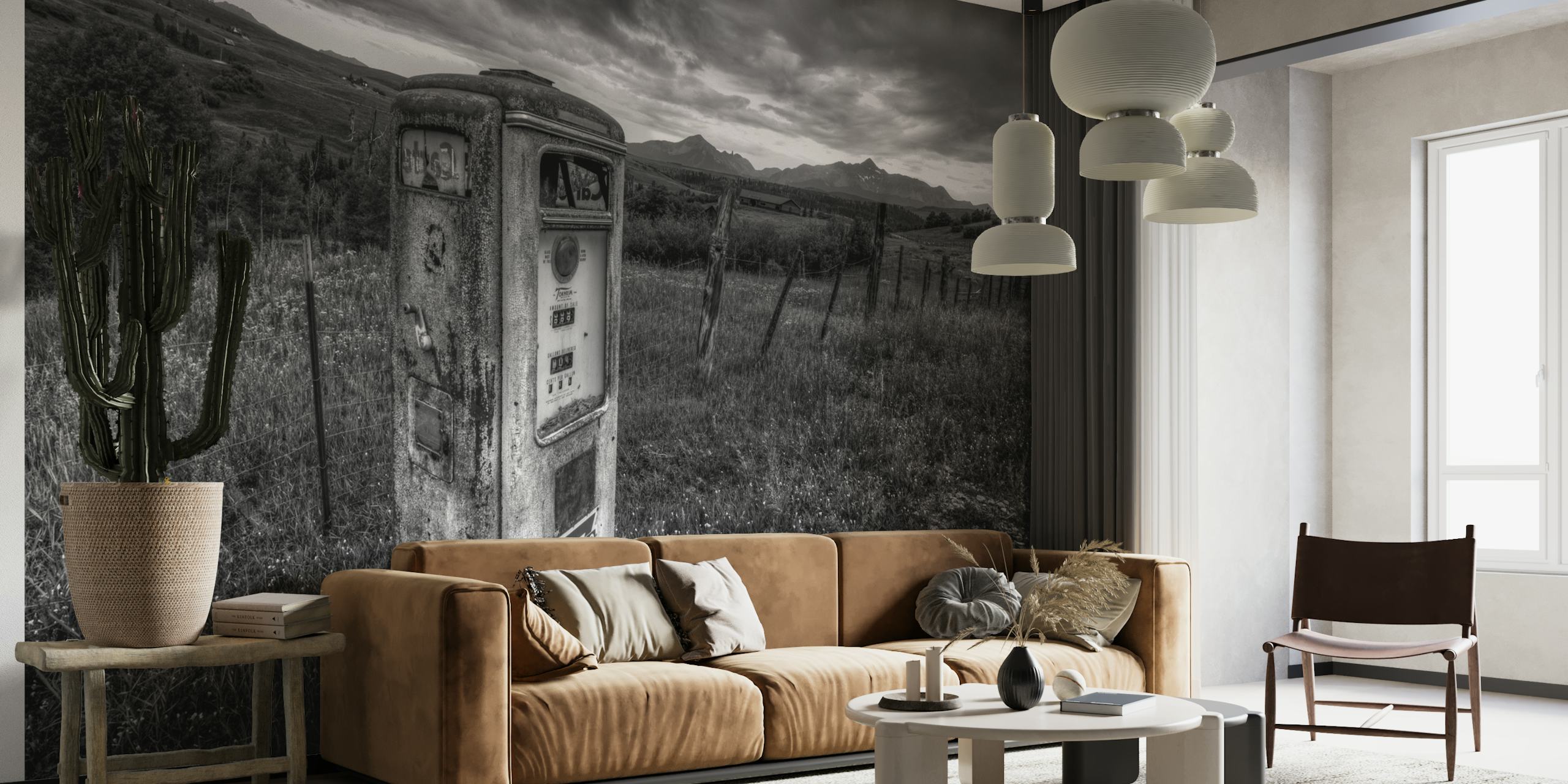 Black and white wall mural of a vintage gas station pump titled 'The Last Chance Gas'
