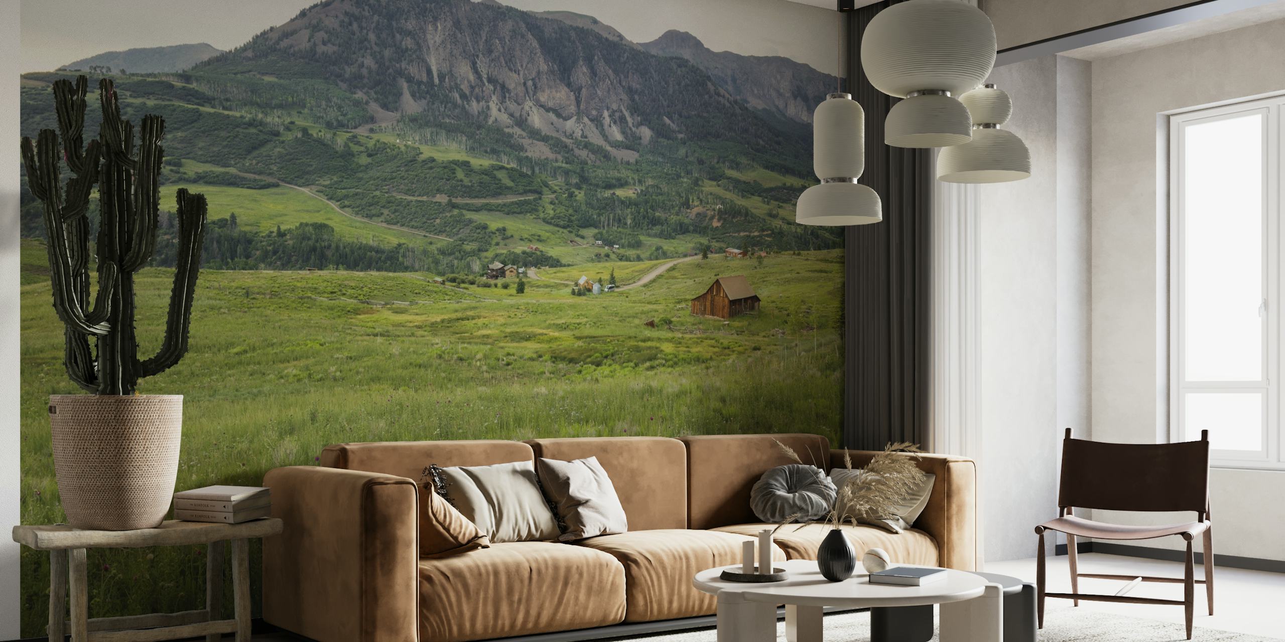 Pastoral landscape wall mural featuring wildflowers and an old barn with a mountain backdrop