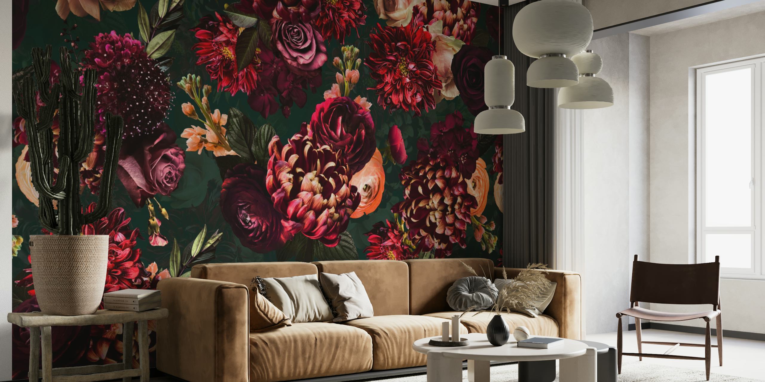 Dark floral wallpaper featuring bold red and pink flowers on a green background