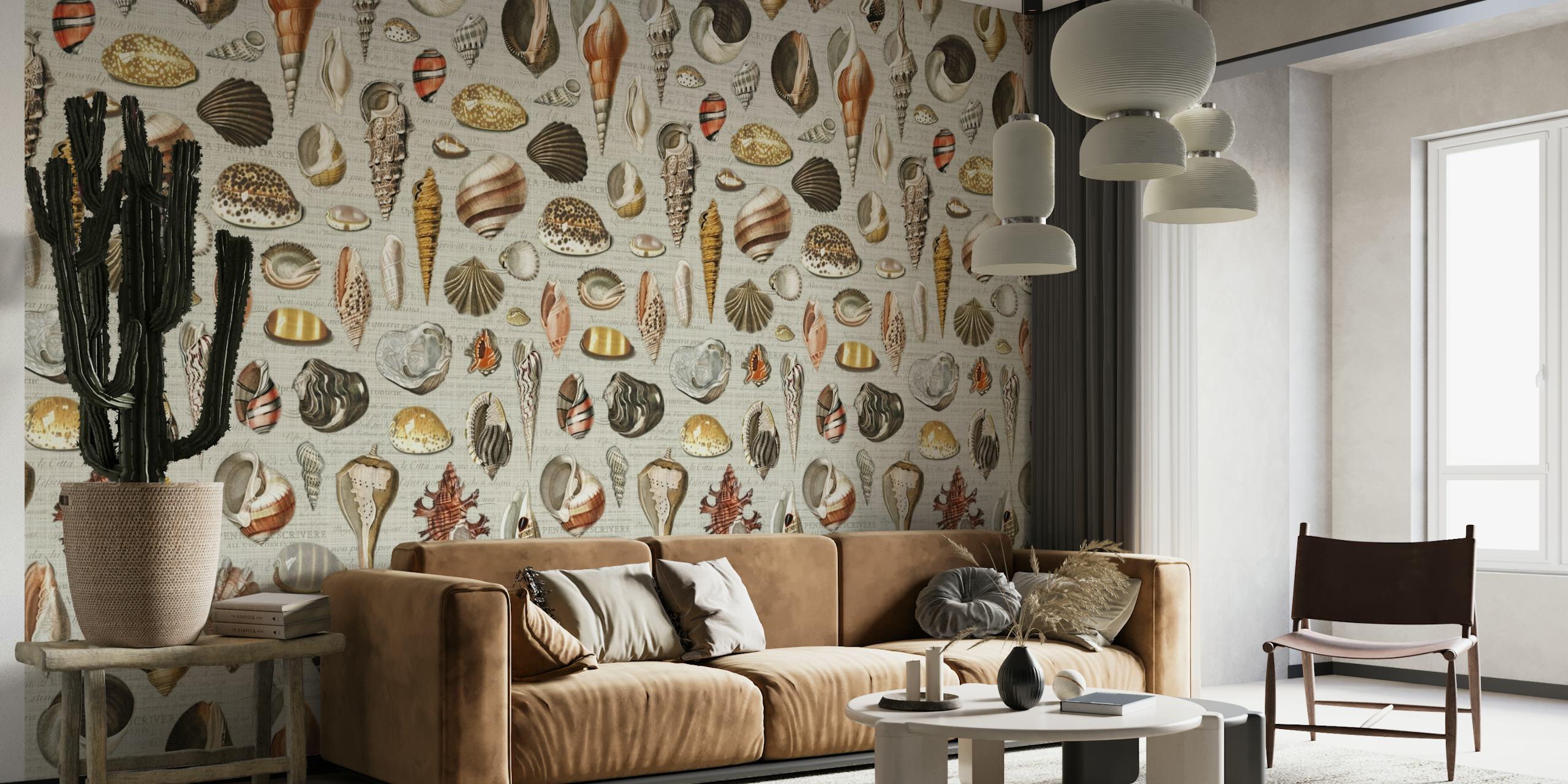 Nautilus-patterned wall mural with greige, yellow, and copper tones
