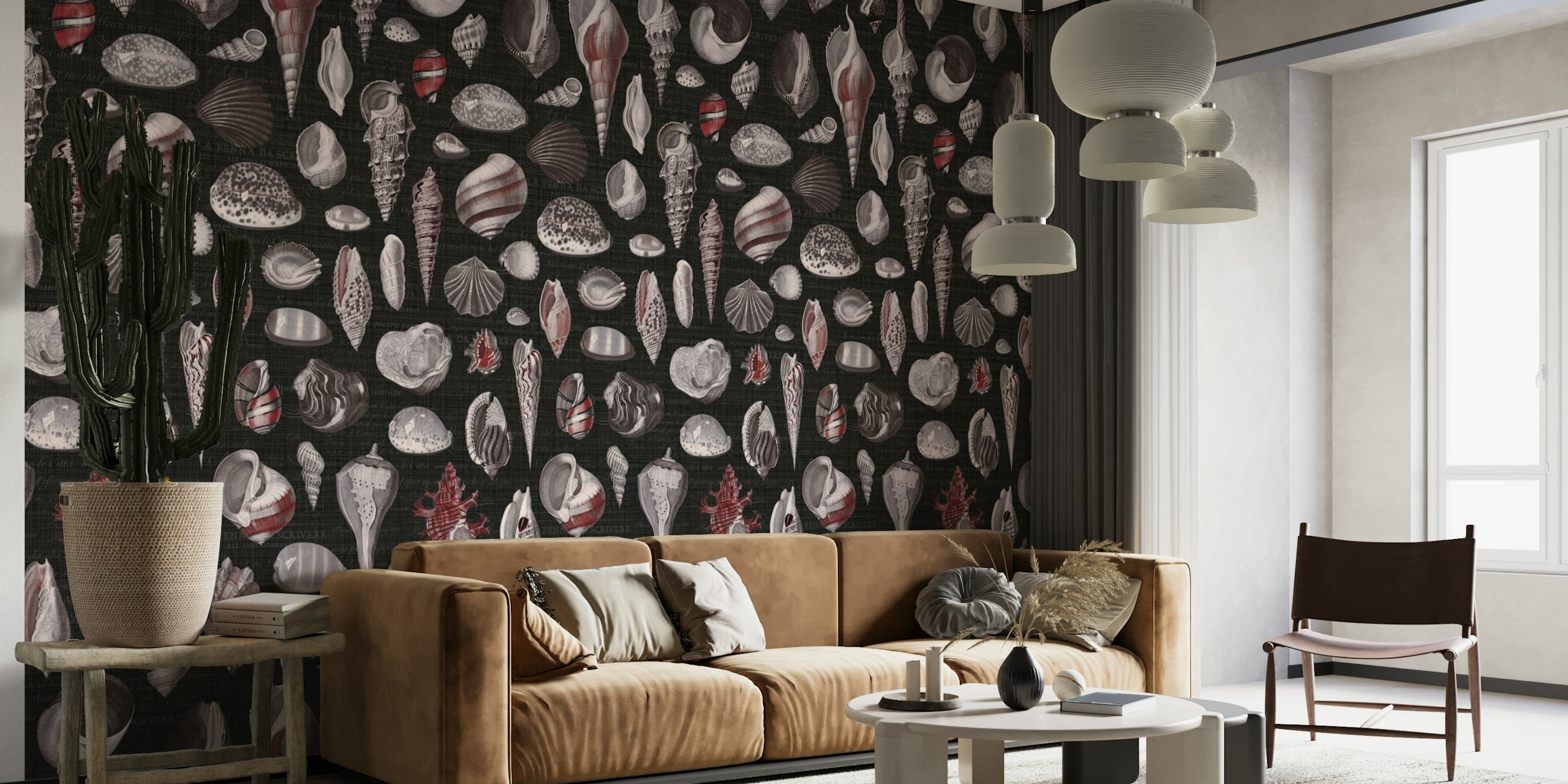 Nautilus shells in burgundy, grey, and black wallpaper