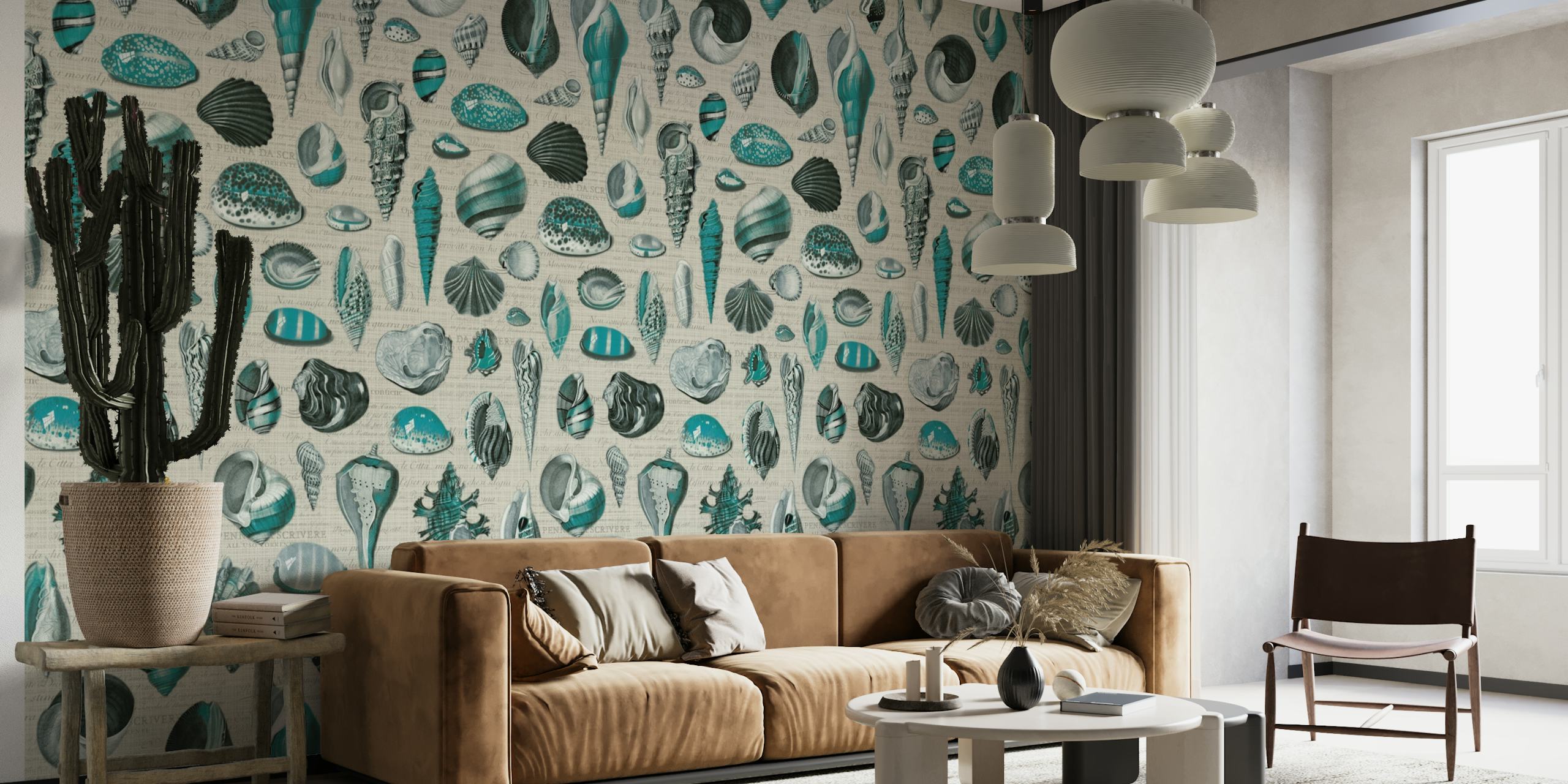 Muurschildering met Nautilusschelppatroon in grijs en aquablauw