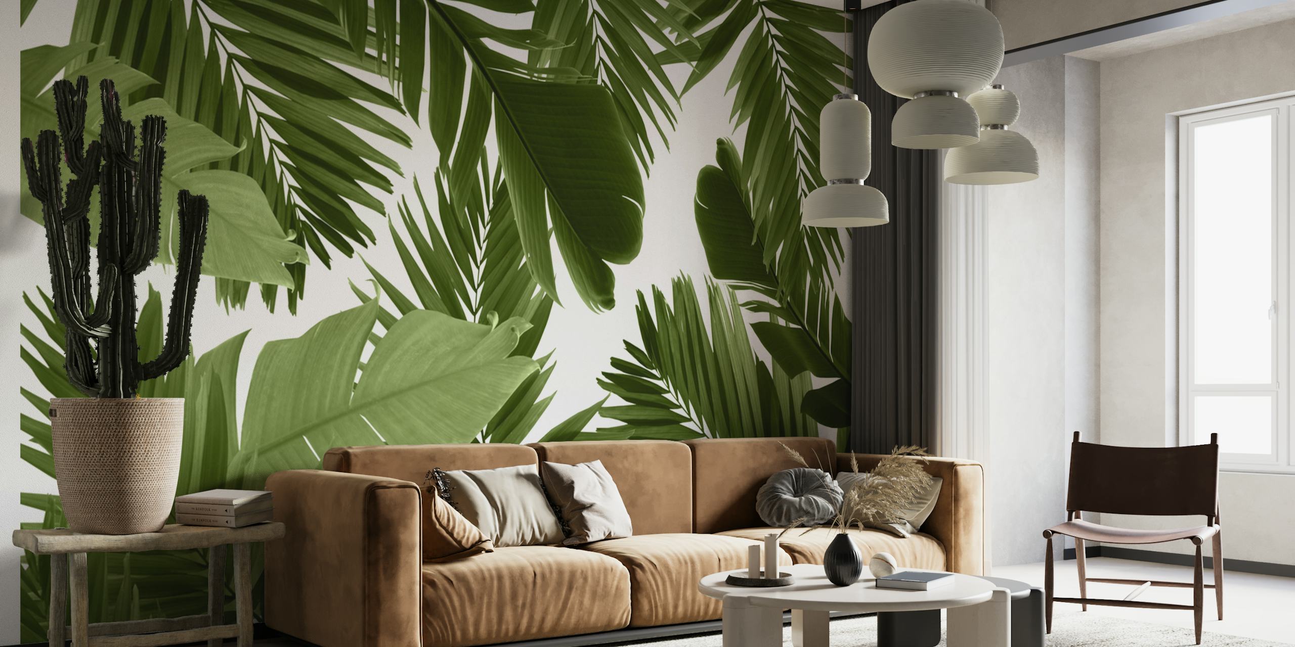 Tropical green palm leaves on a white background wallpaper
